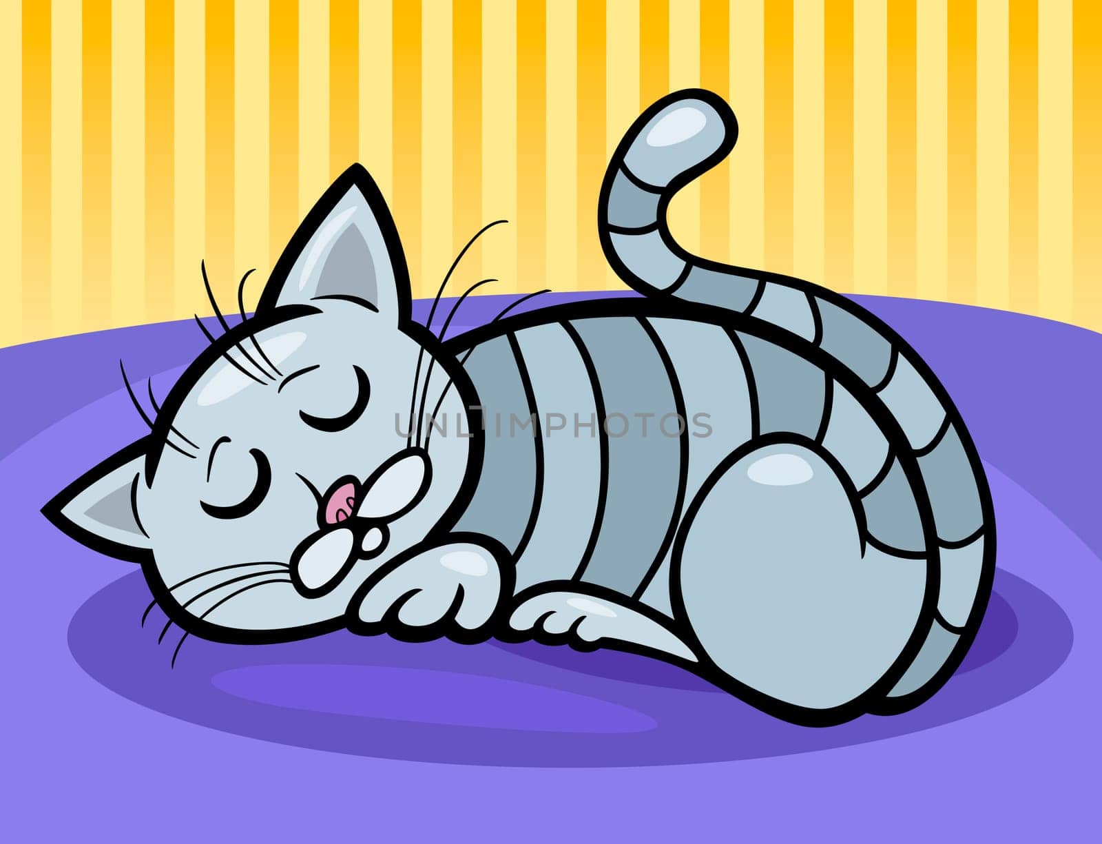 Cartoon Illustration of Gray Tabby Cat Sleeping at Home