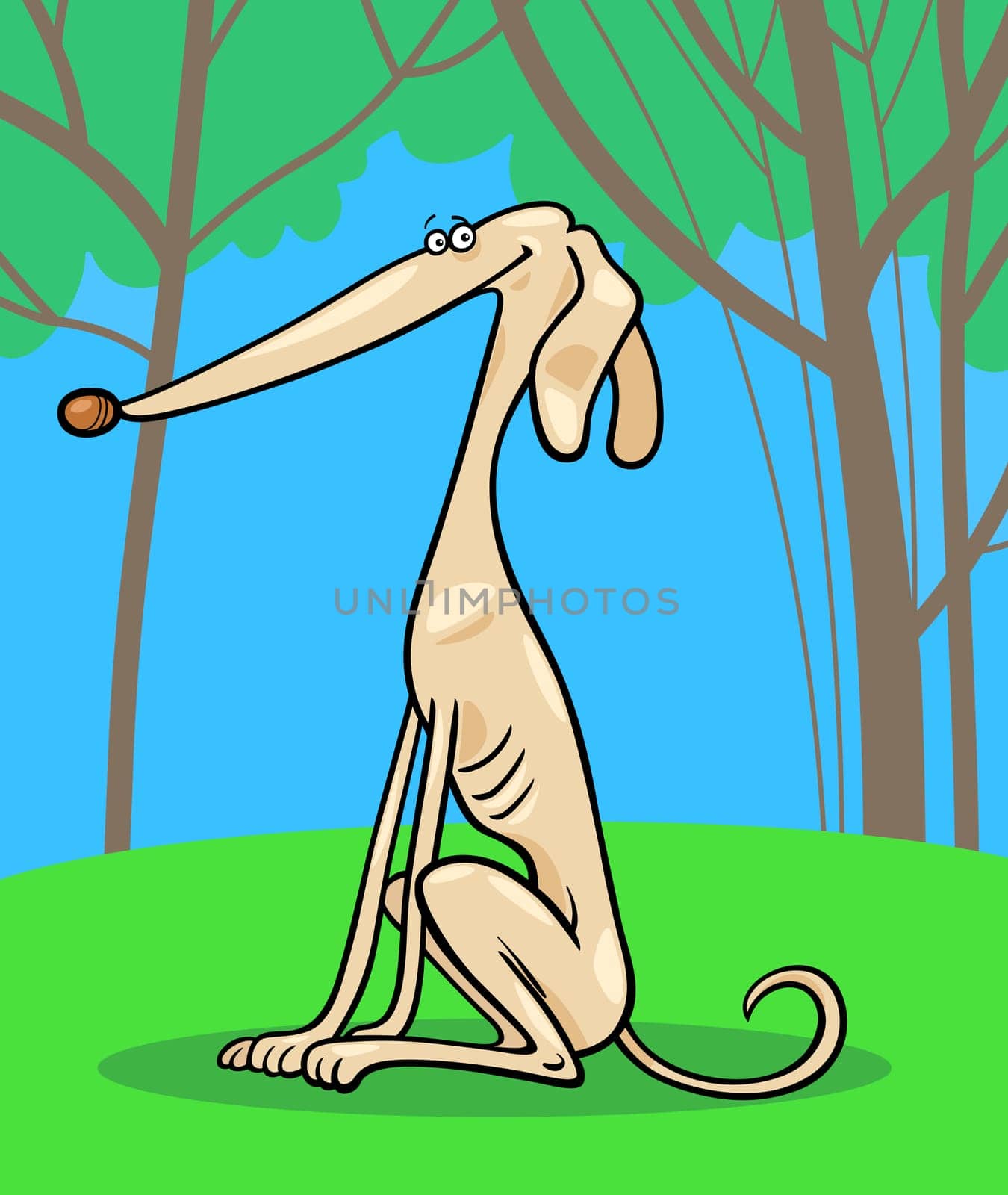 Cartoon Illustration of Funny Purebred Greyhound Dog against Blue Sky and Trees