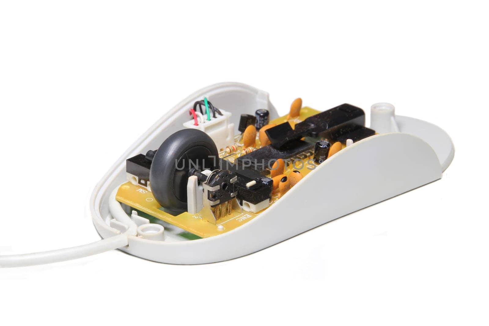 A computer mouse with the top removed.