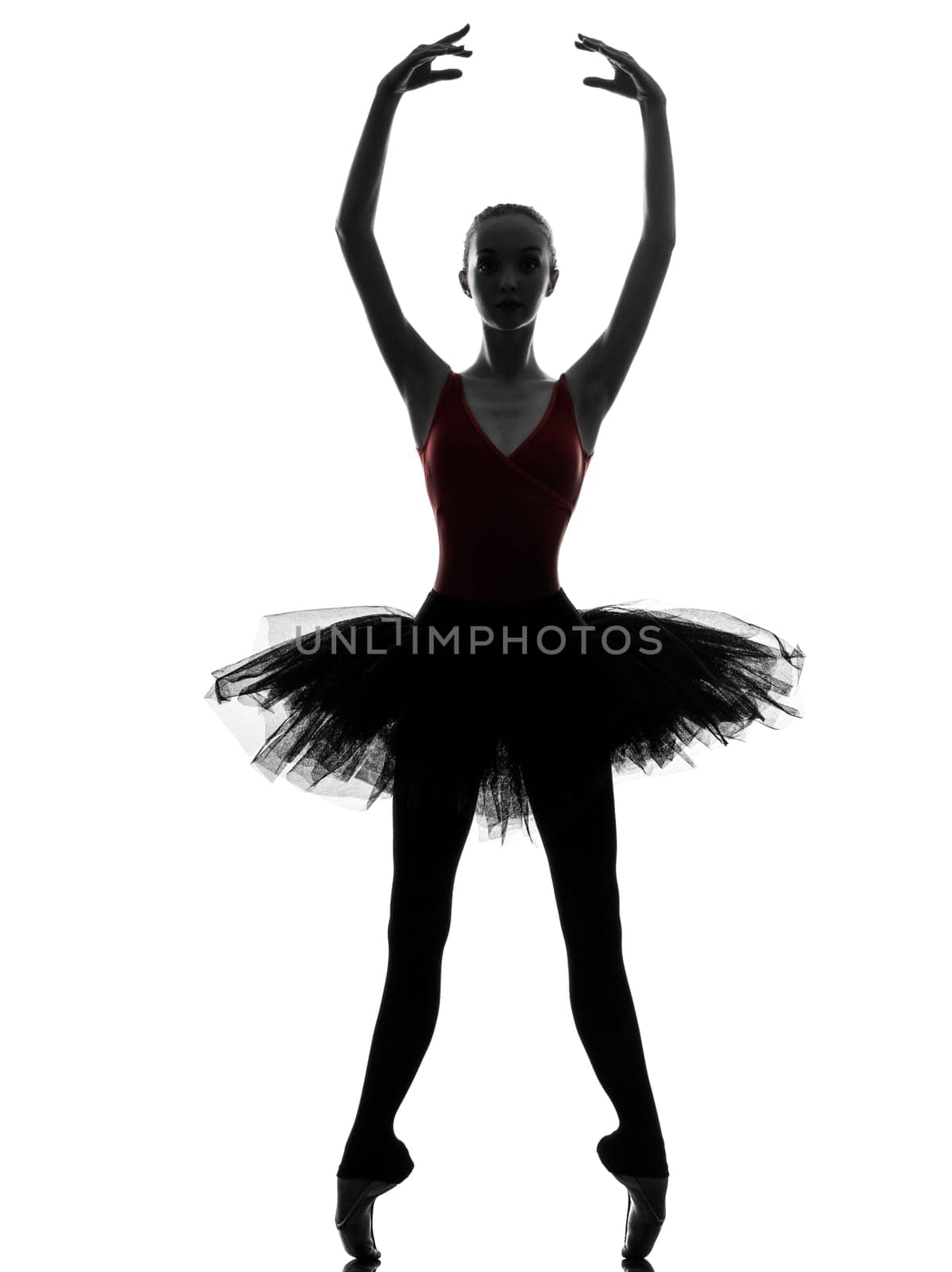 one caucasian young woman ballerina ballet dancer dancing with tutu in silhouette studio on white background