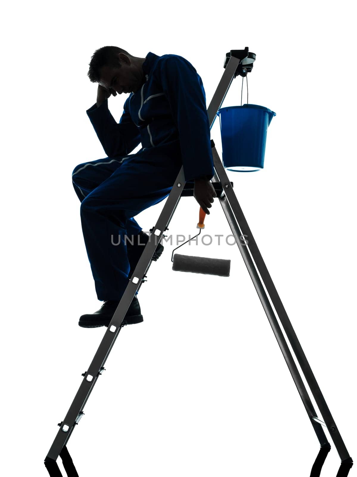 one caucasian man house painter worker silhouette in studio on white background
