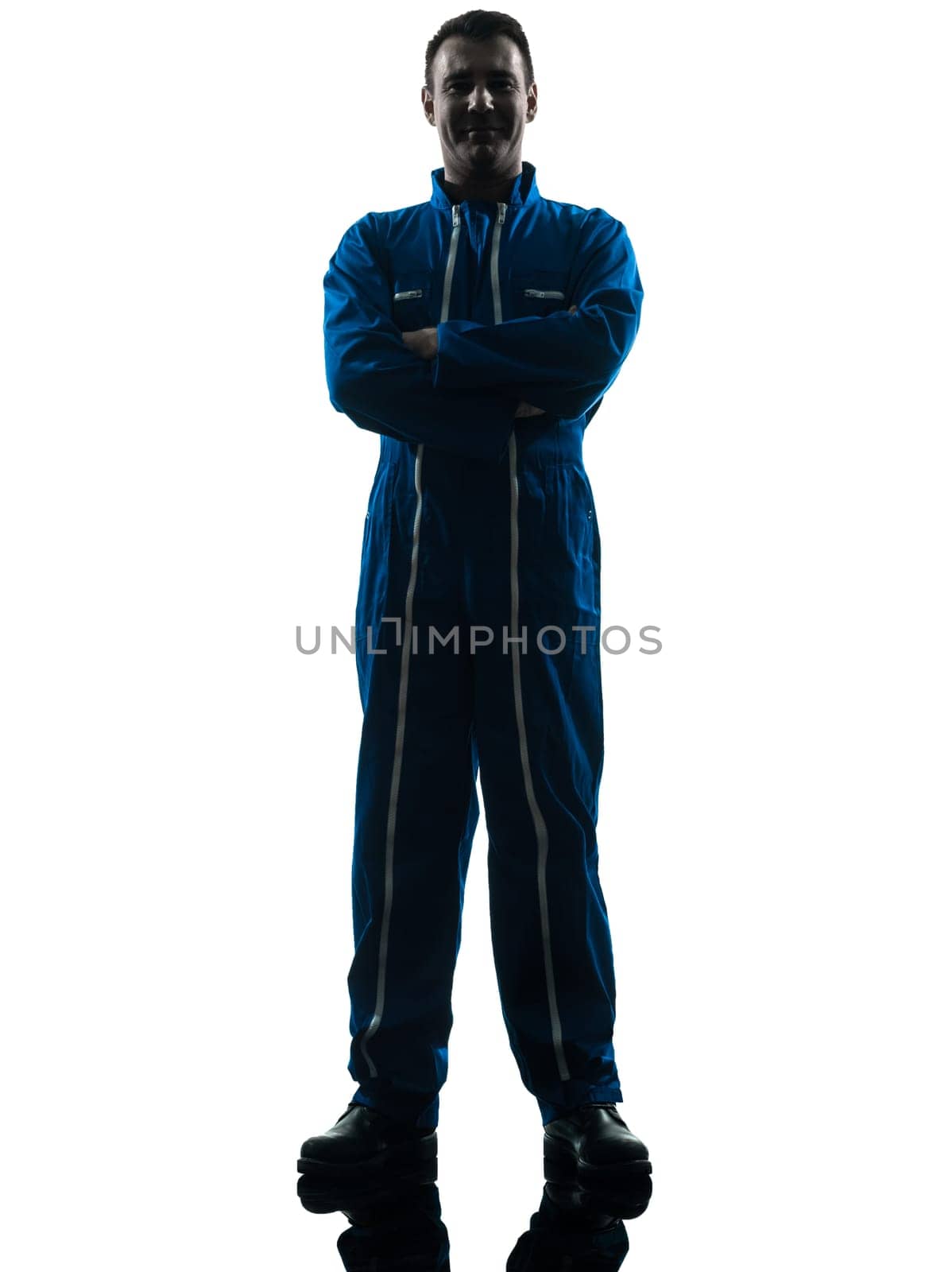 one caucasian repairman worker silhouette in studio on white background