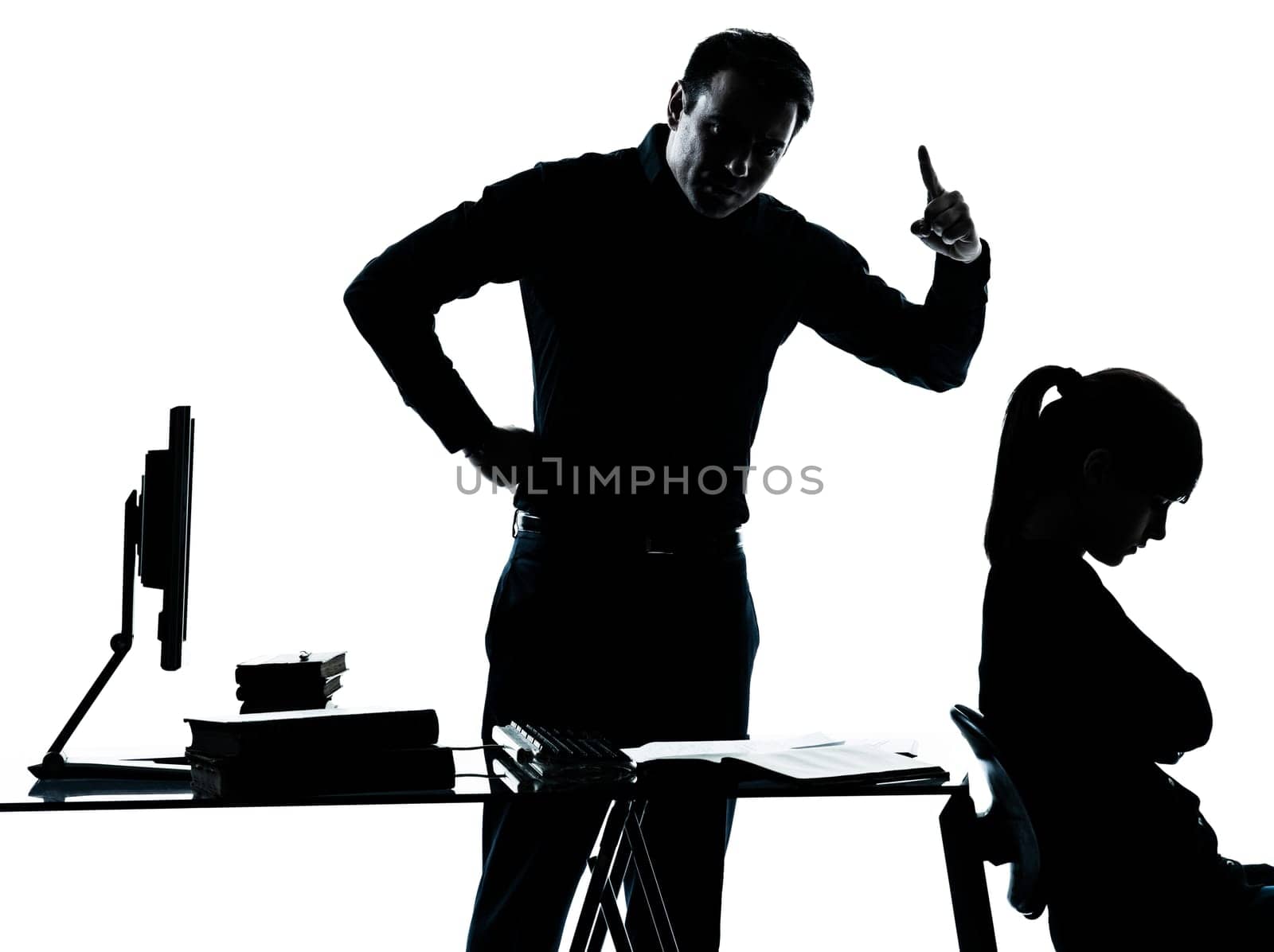 one man father professor and student teenager girl helping for homework in silhouette indoors isolated on white background