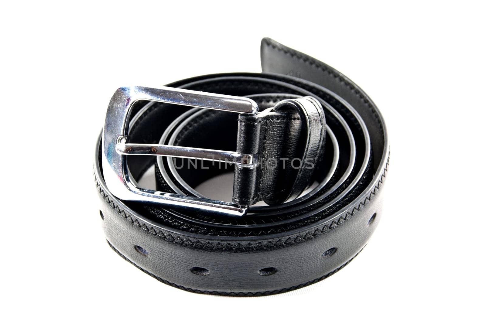 Black leather belt with a metal head.