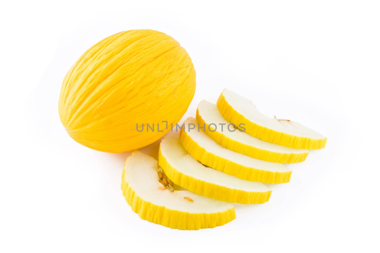 Yellow melon slices isolated on white background, sweet fruit