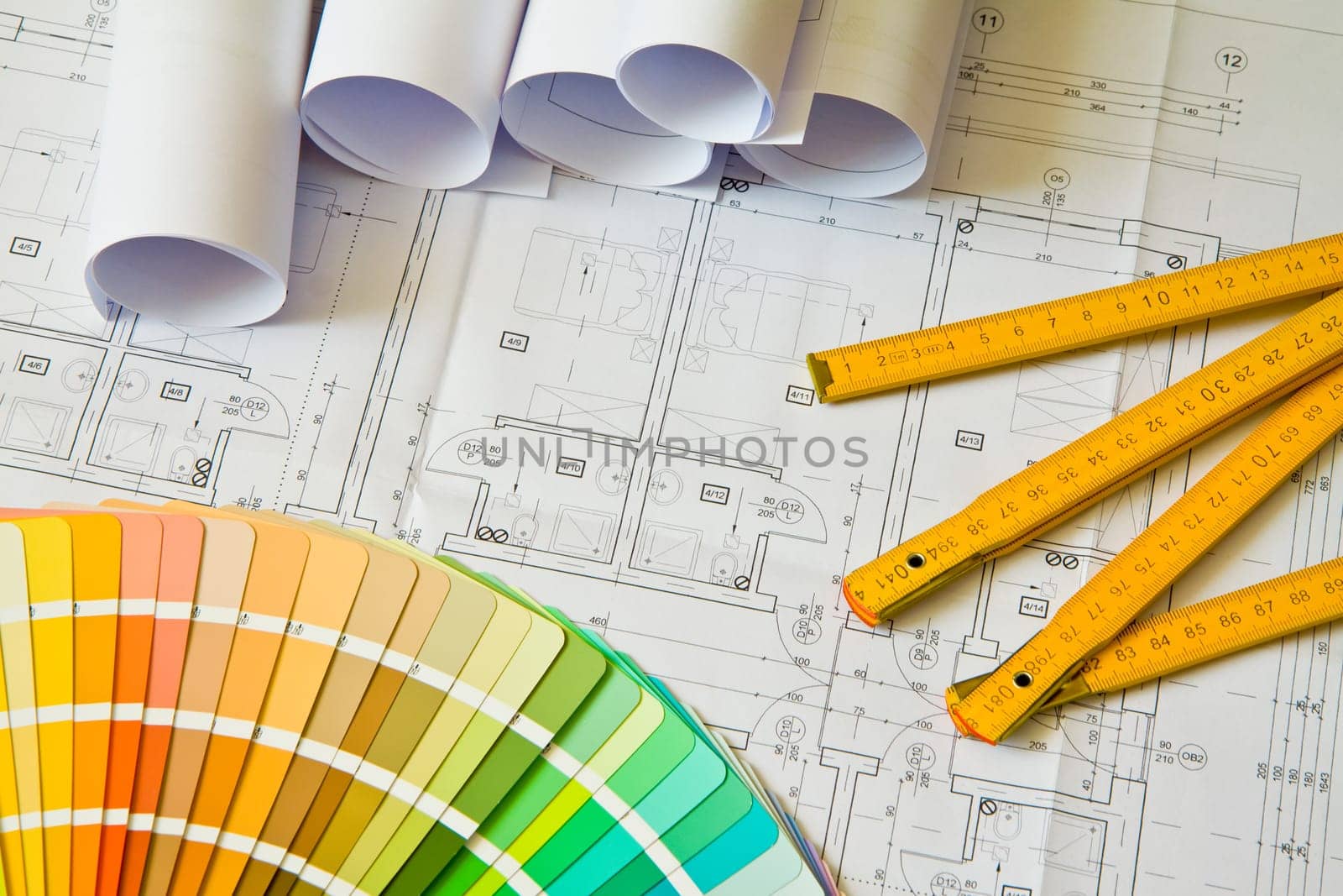 Palette of colors designs on architectural drawings, blueprint