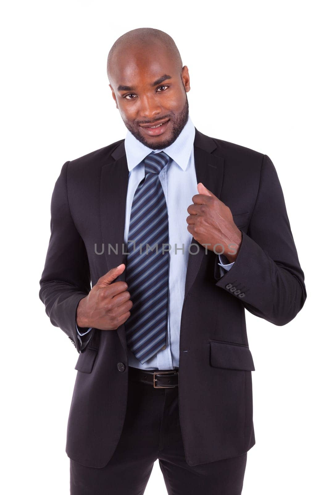 Portrait of a young African American business man, isolated on white background