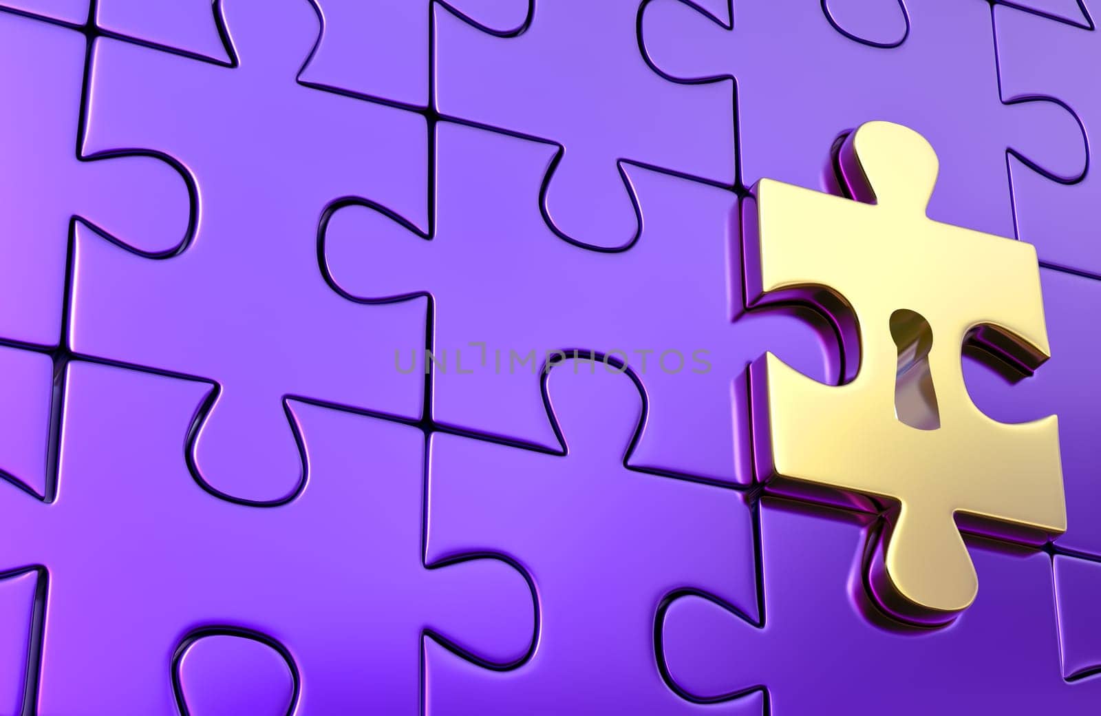 Metallic jigsaw puzzle and outstanding golden piece with keyhole as a symbol of disclosure puzzle. 3d render