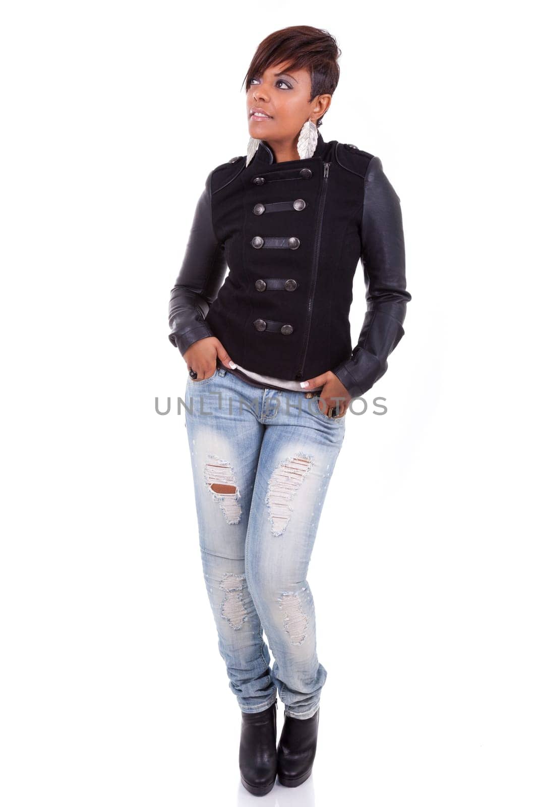 Portrait of a young beautiful black woman smiling, isolated on white background