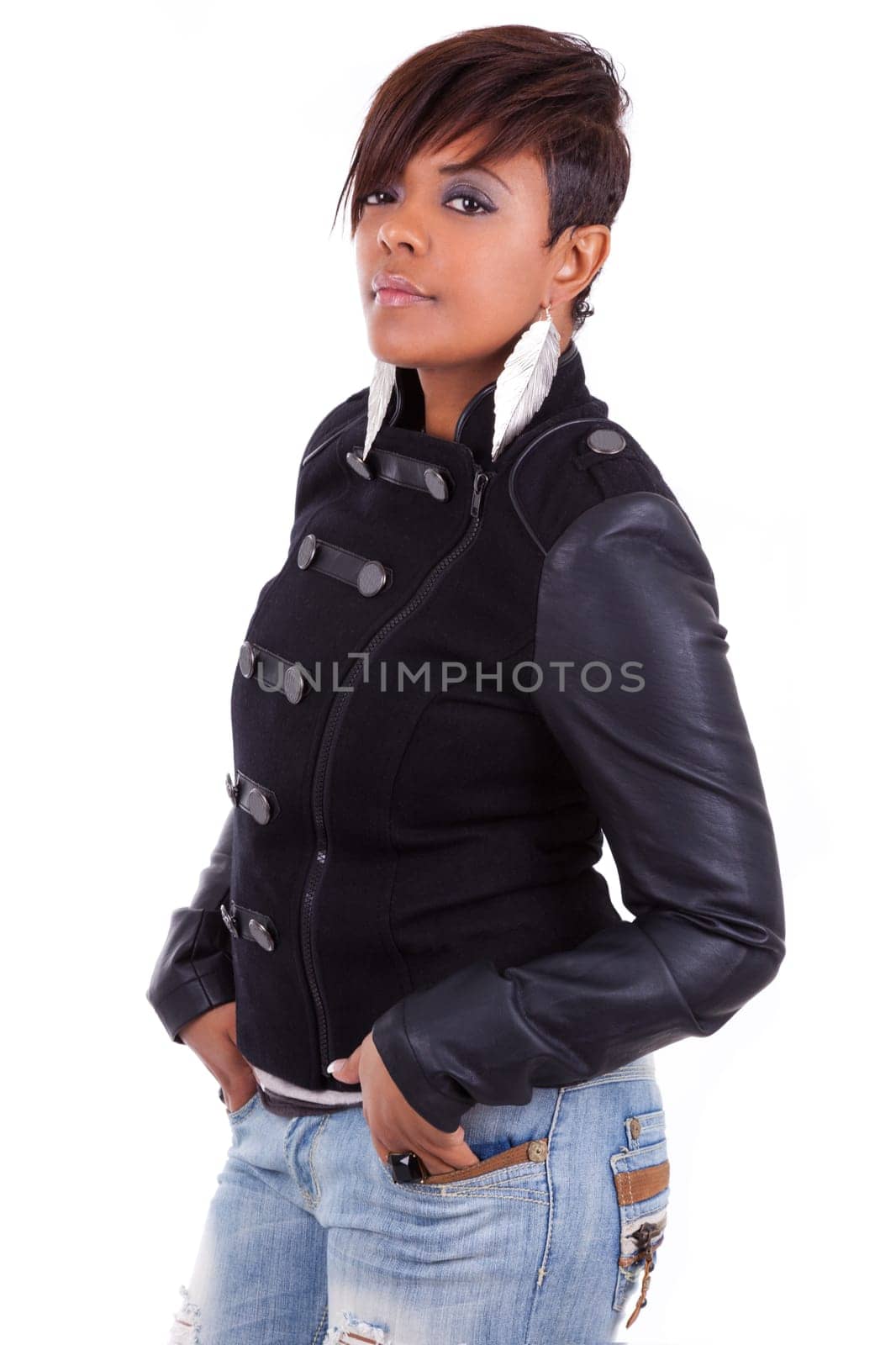 Portrait of a young beautiful black woman smiling, isolated on white background