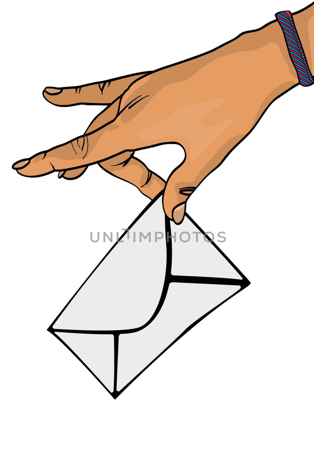 Comic style drawing of a hand with mail envelope. Isolated objects on white background.