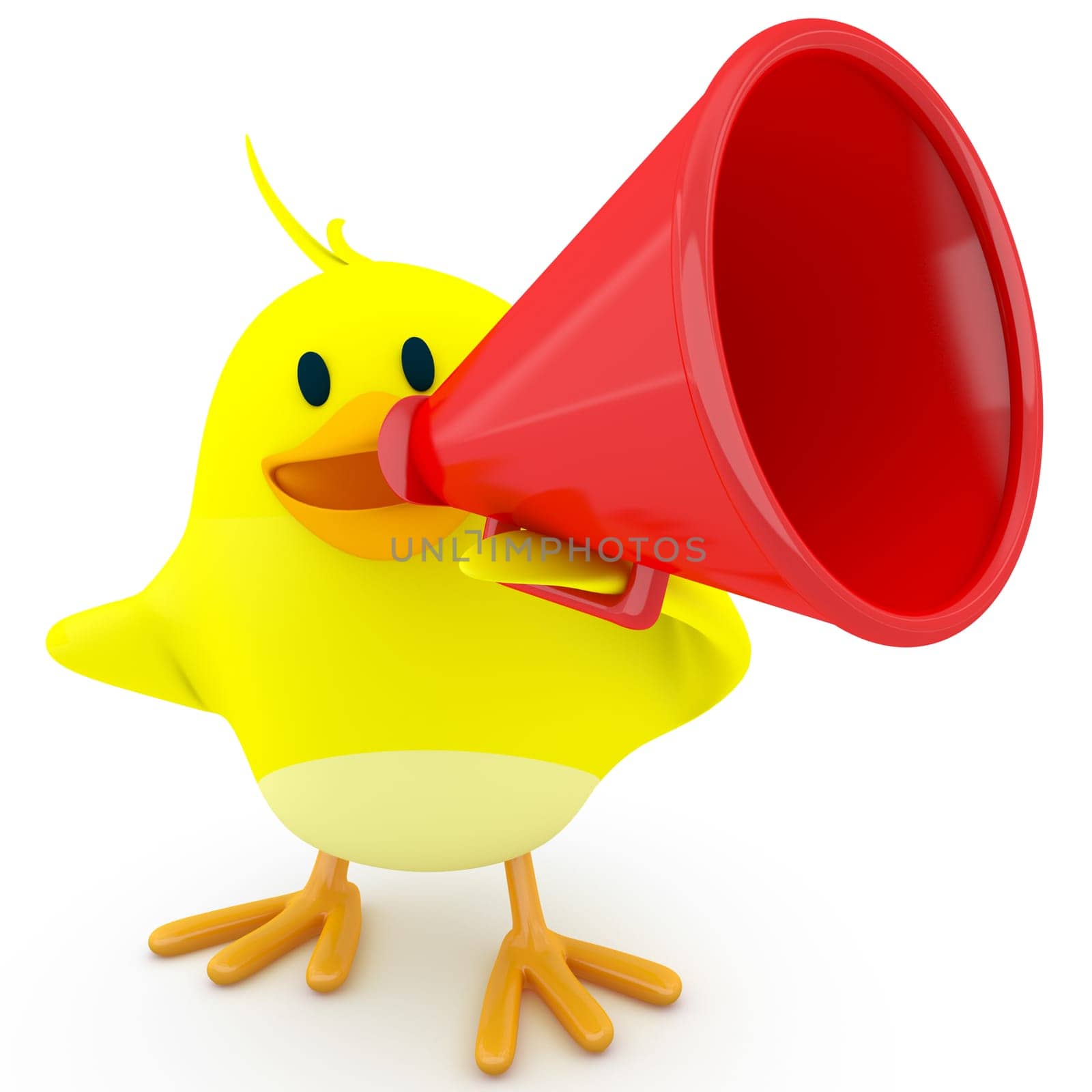 Little chick with a red megaphone - 3d render
