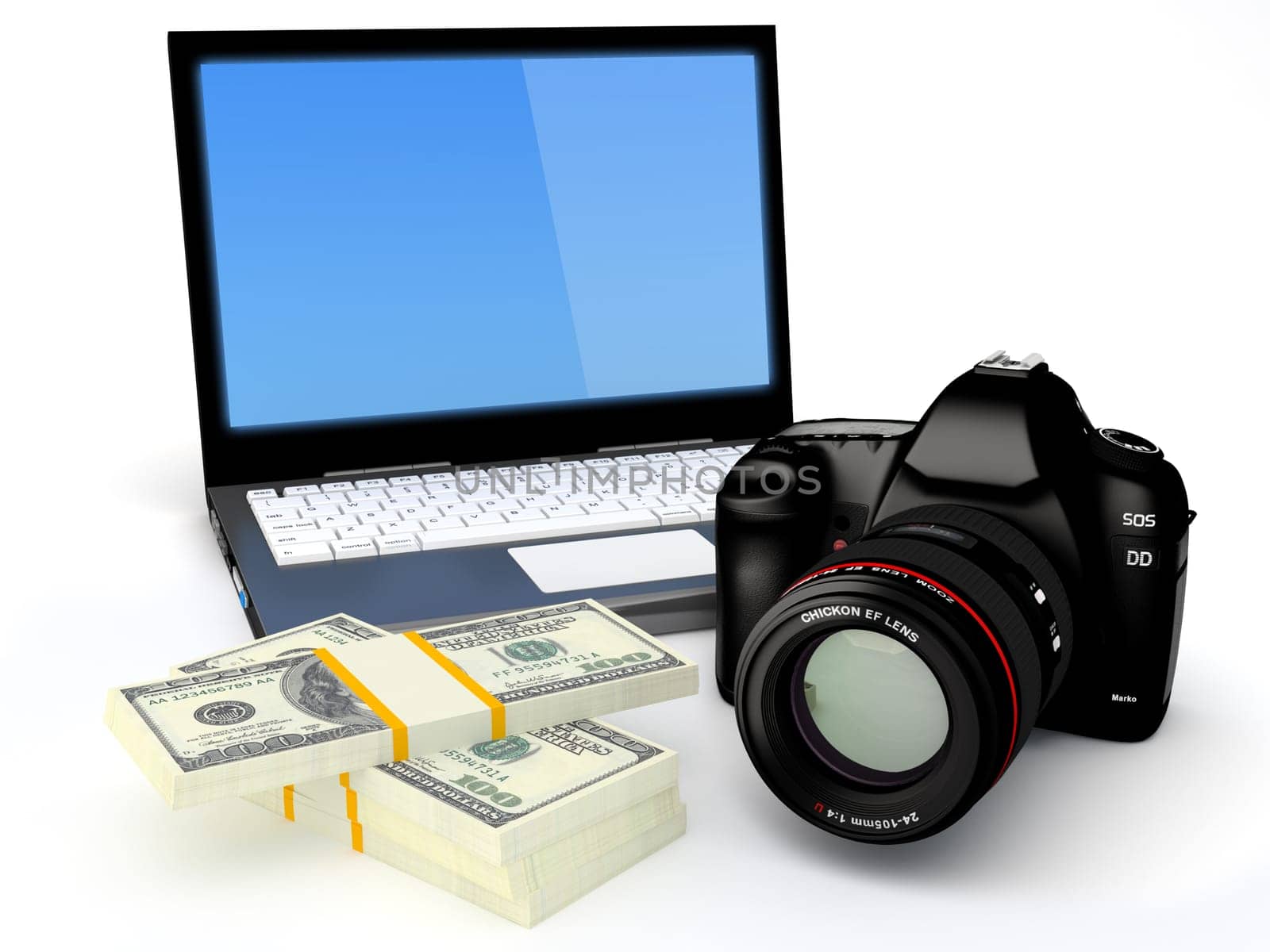 Selling Photo Concept - Laptop, Digital camera and banknotes on white background - 3D render