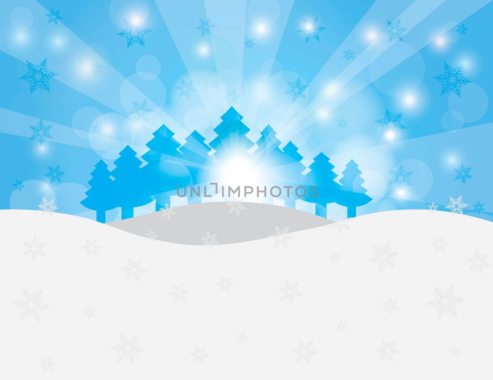 Christmas Trees in Winter Scene with Snowflakes and Sun Rays Background Illustration