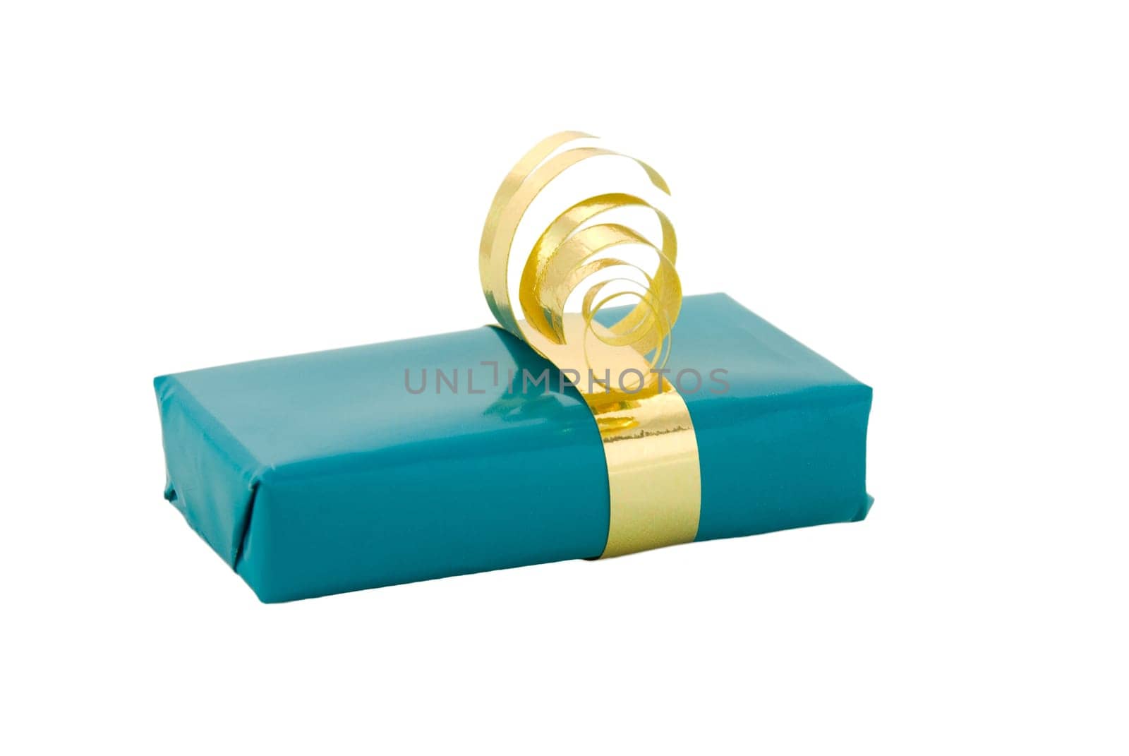 One single small blue present with gold ornamentation, on white