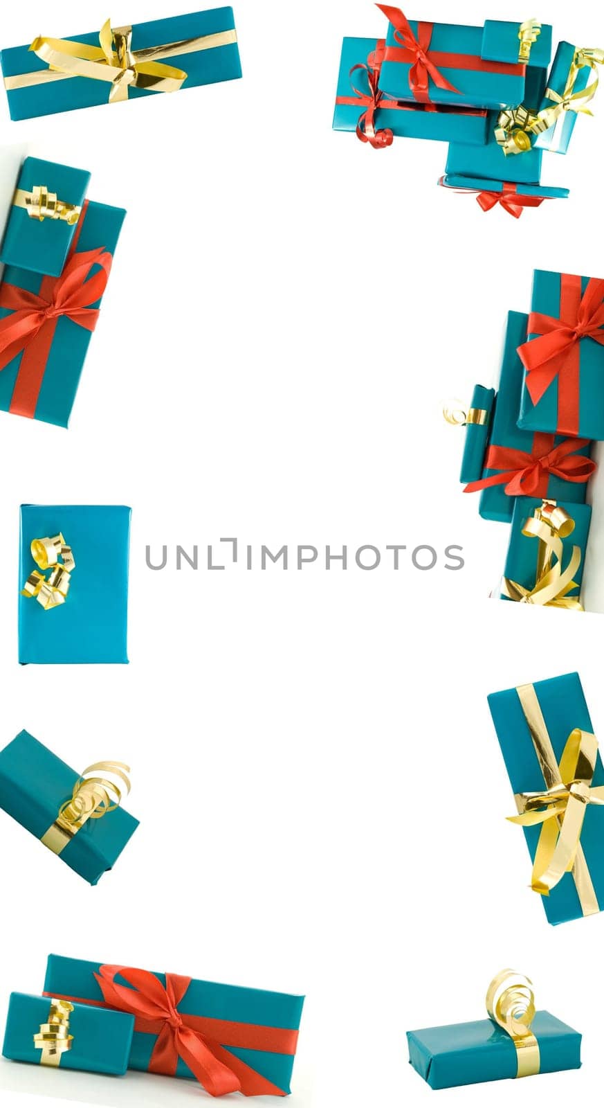 a frame of blue gifts with gold and red decorations on white
