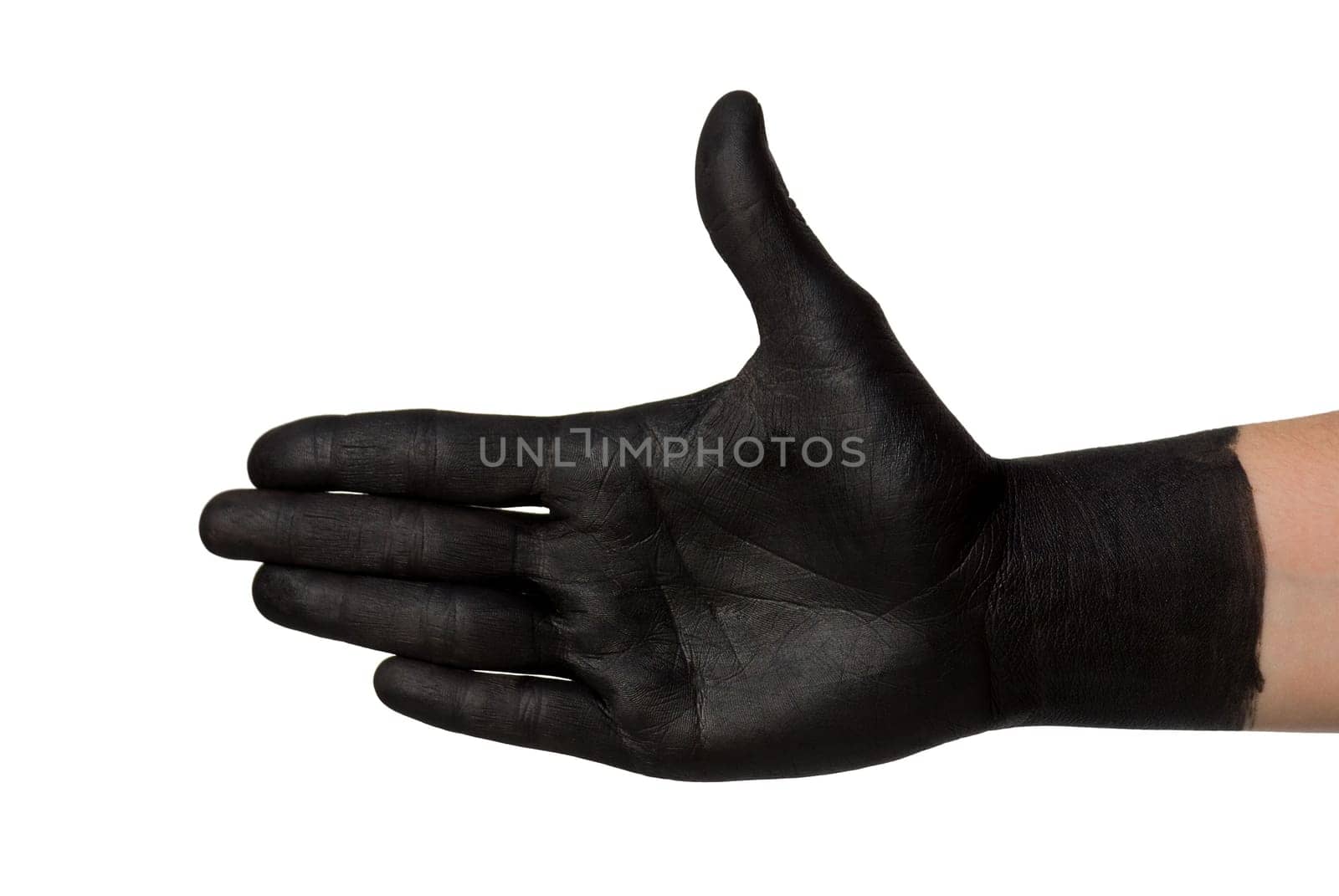 a black painted hand reaches out for a handshake