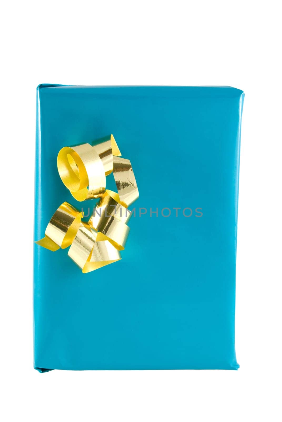 a blue gift with gold ornamentations, on white