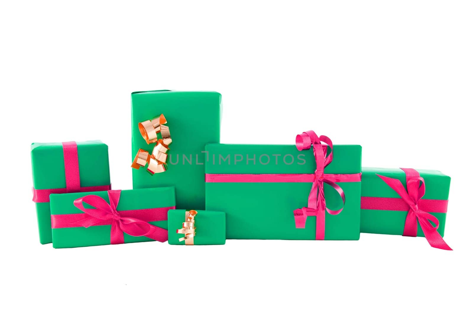 many gifts in gaudy coloures in a row, on white