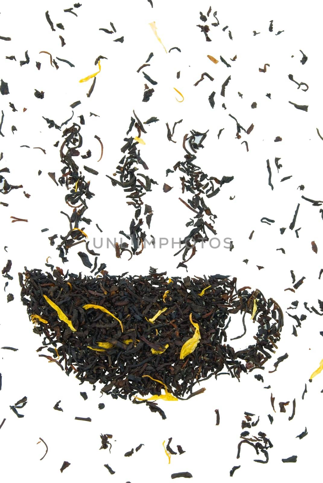 a cup of tea made out of tea leaves, on white