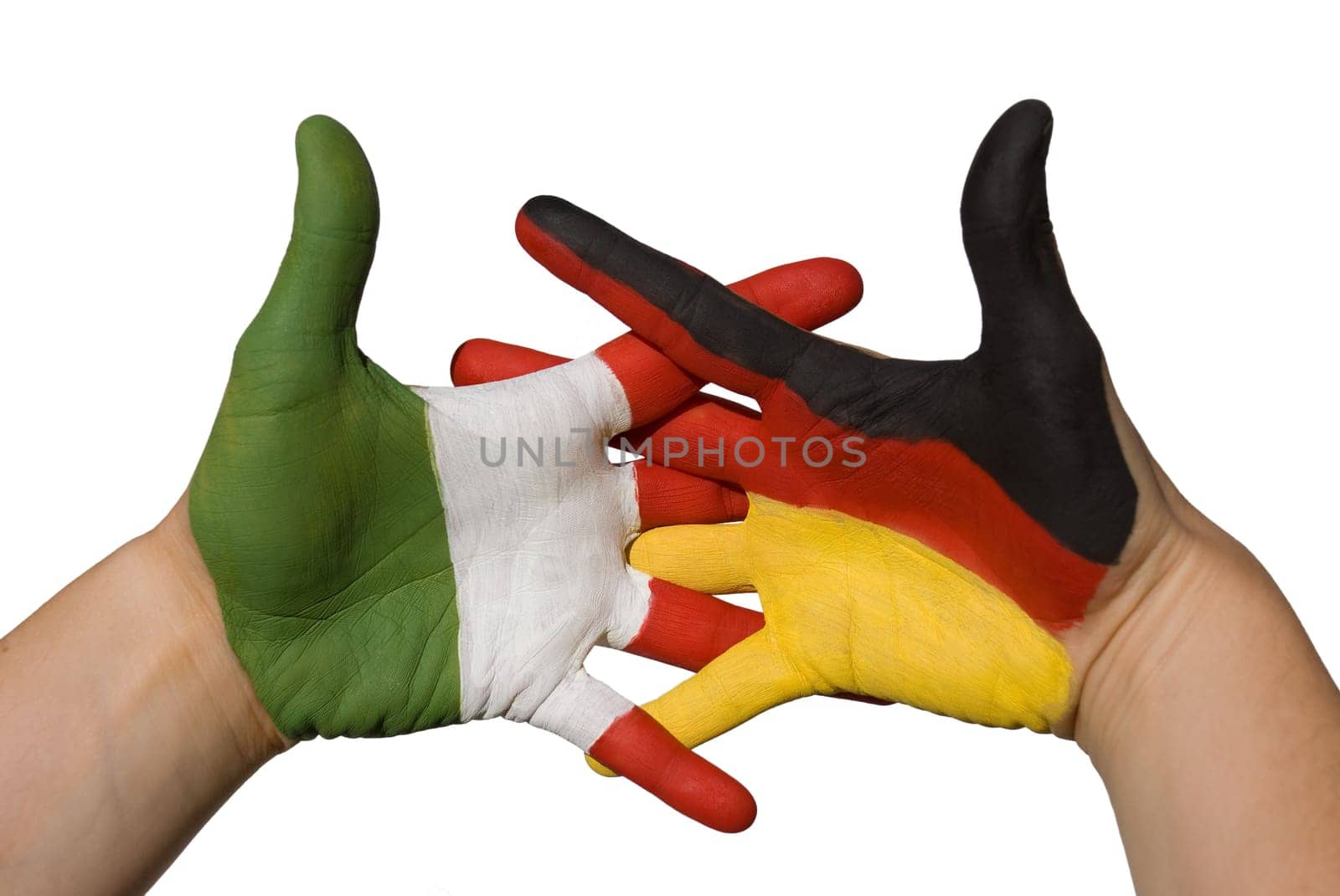 one hand with german flag and one hand with italian flag shake hands