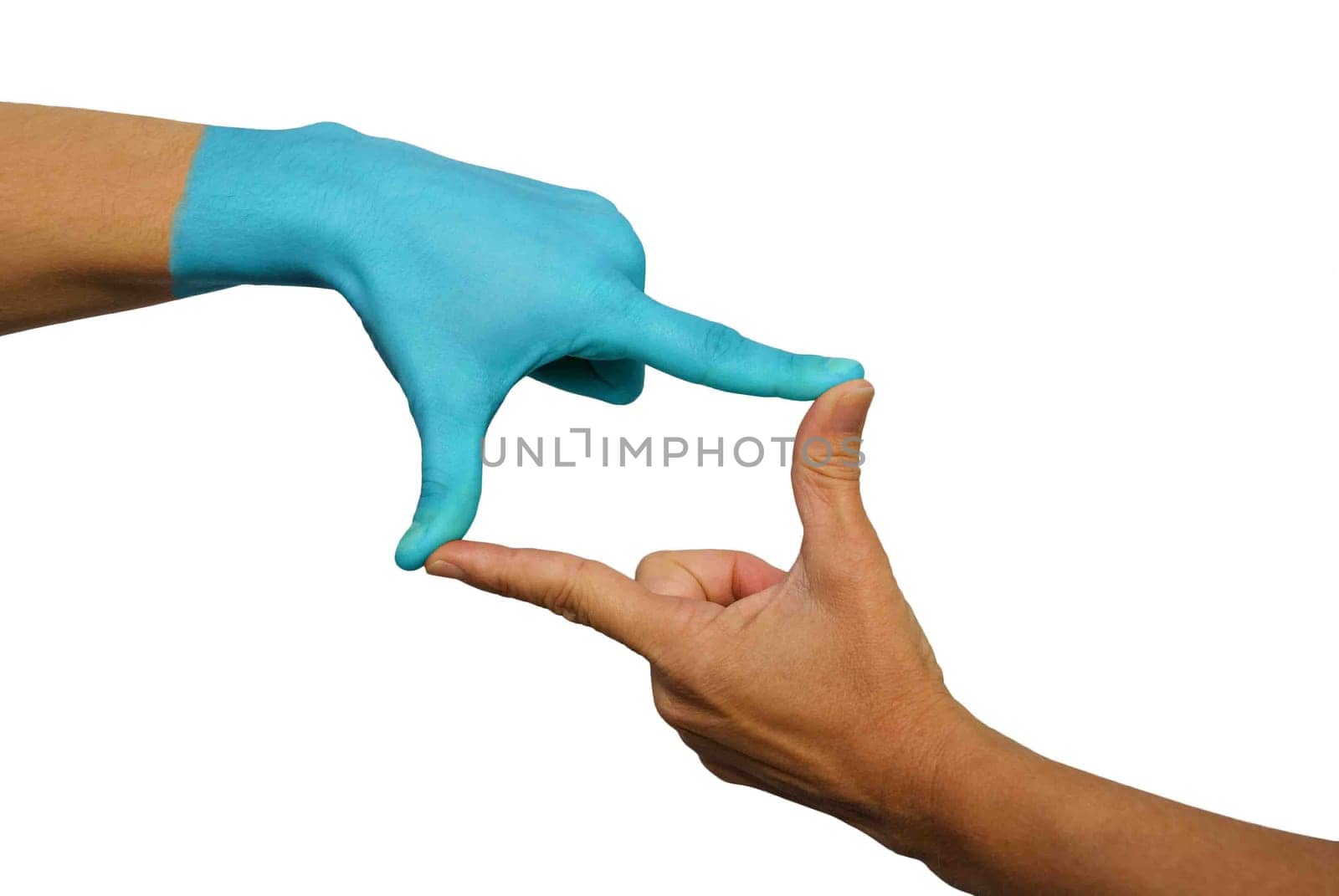 one blue painted and one normal hand building a frame