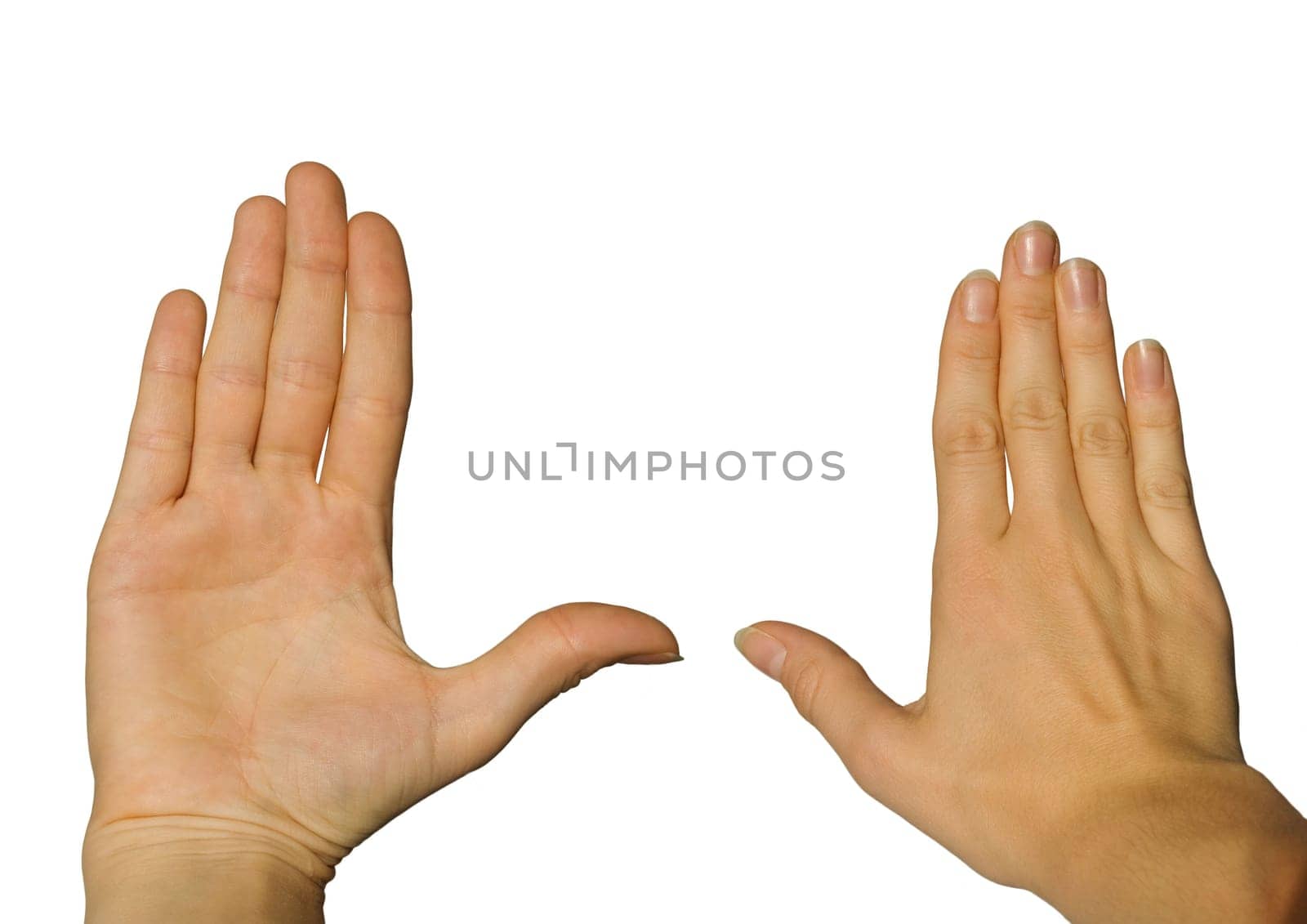 two hands, one from the backside and one from the front, on white