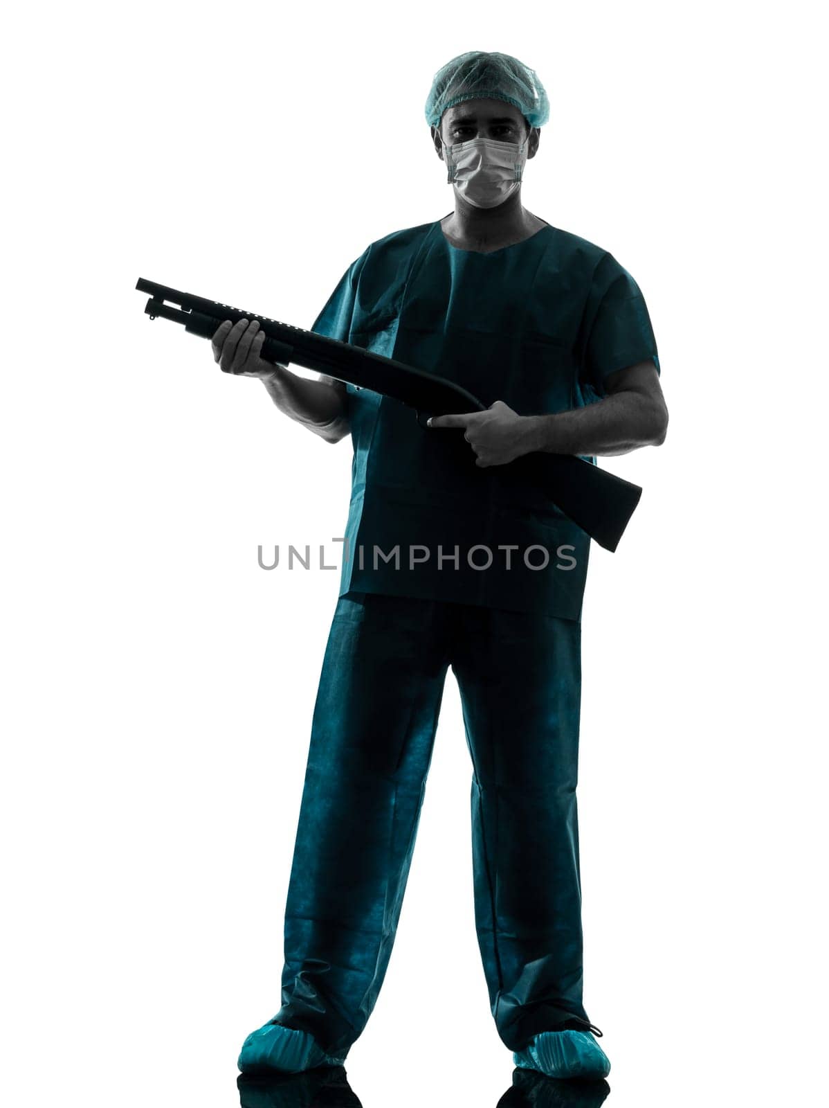 one caucasian man doctor surgeon medical worker with face mask silhouette isolated on white background