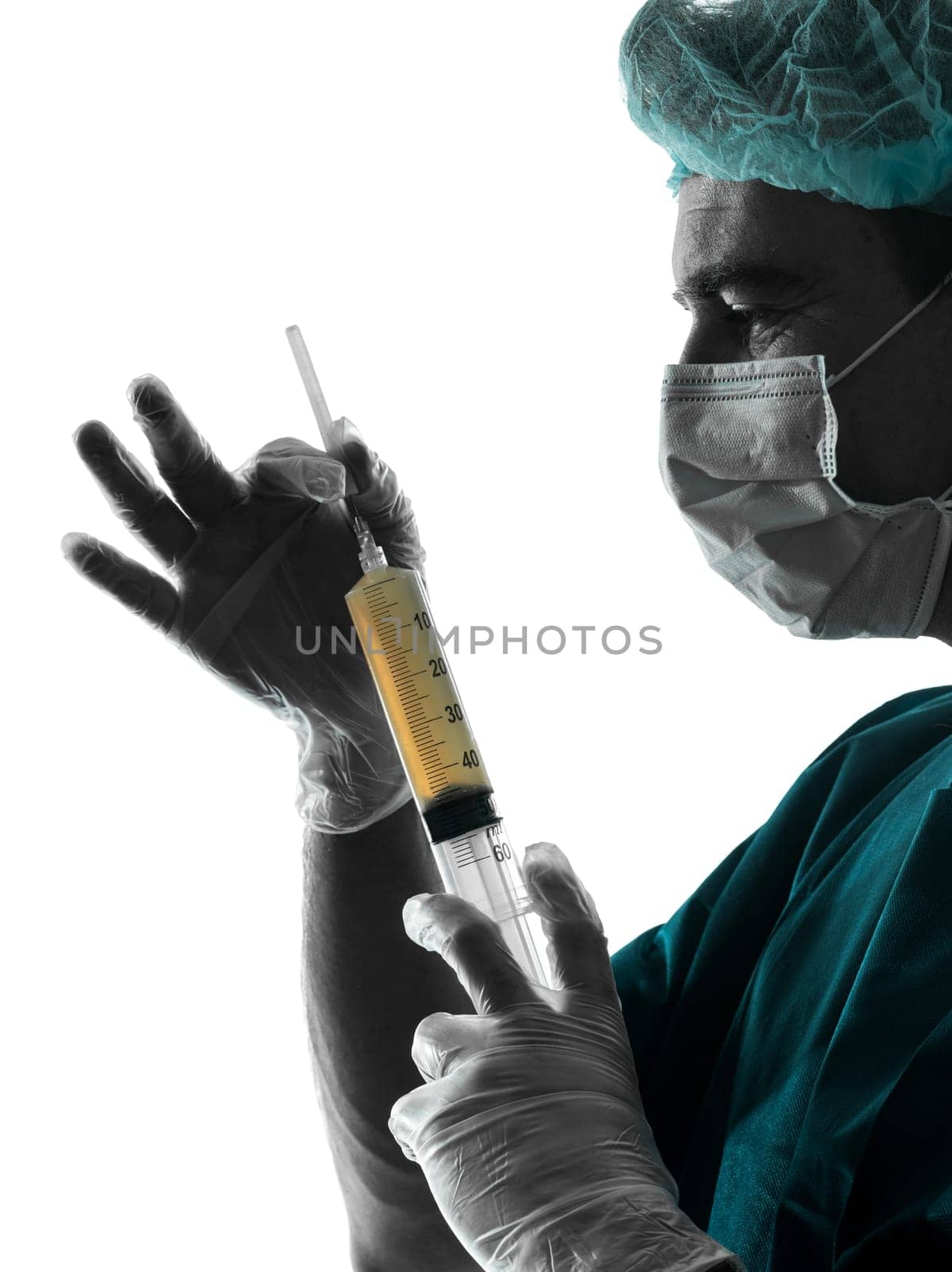 one caucasian doctor suegon  Anesthetist man holding surgery needle  silhouette isolated on white background