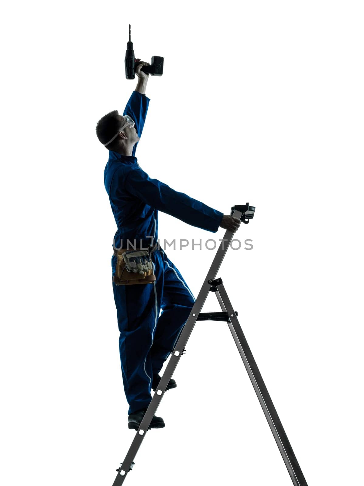 one caucasian man construction worker holding drill silhouette in studio on white background