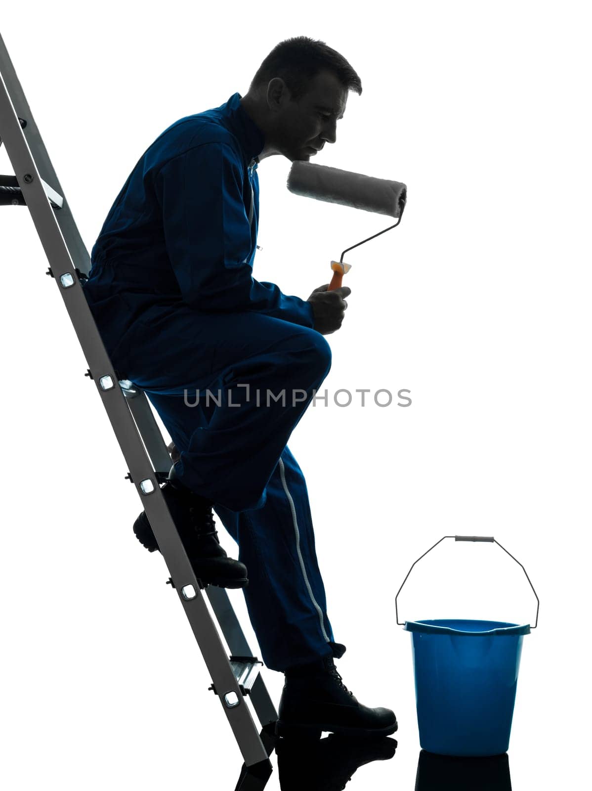 one caucasian man house painter worker silhouette in studio on white background