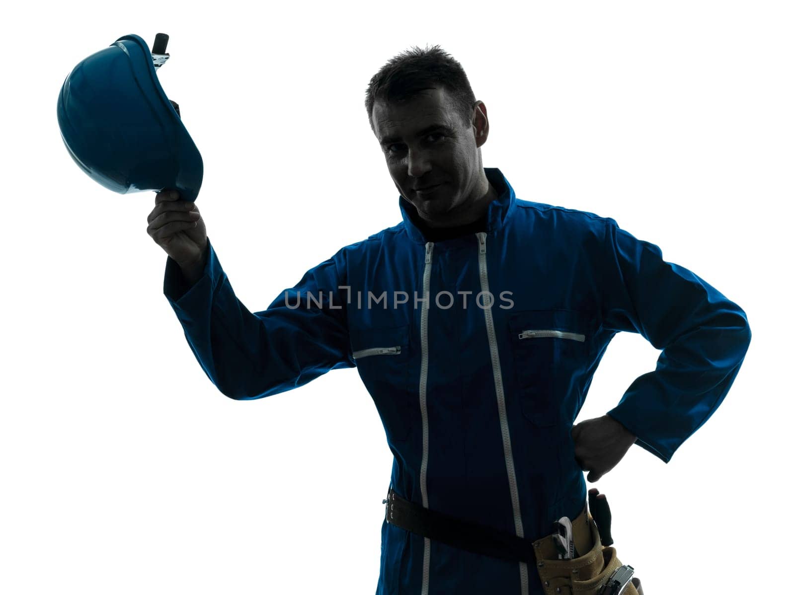one caucasian man construction worker saluting smiling silhouette portrait in studio on white background