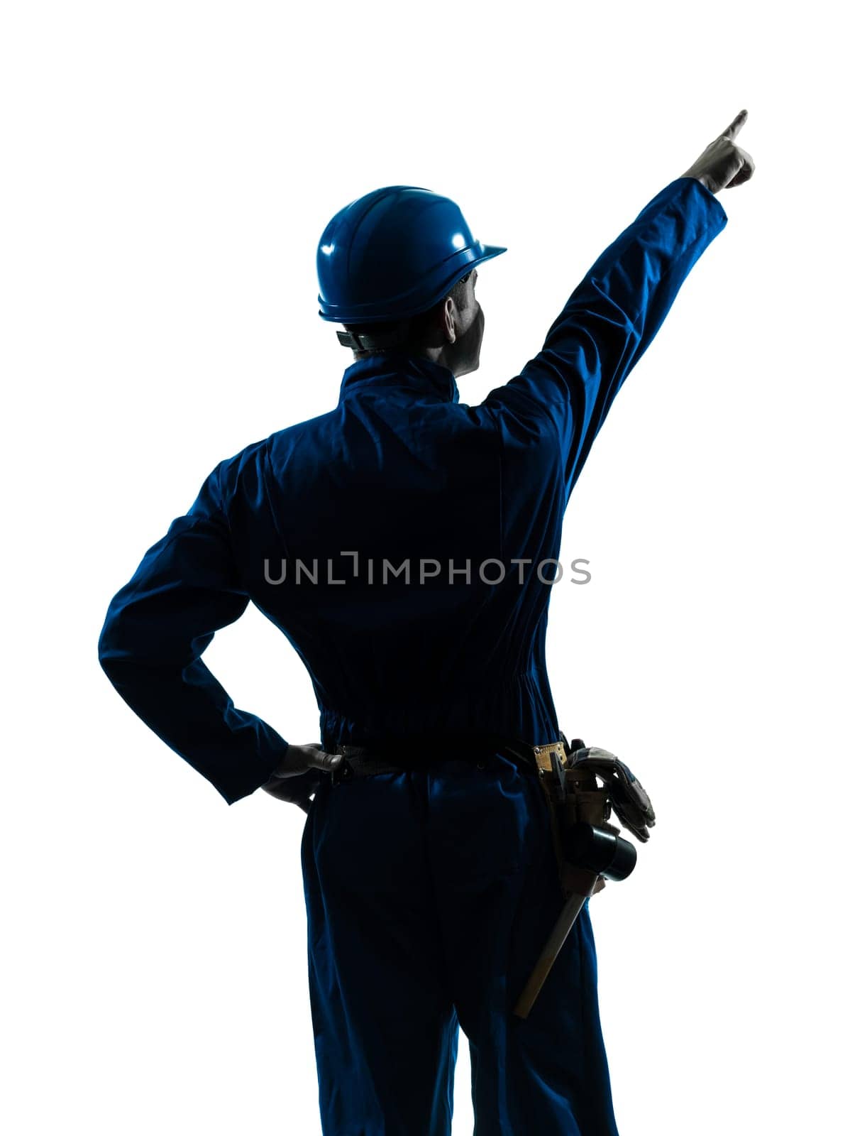 one caucasian man construction worker pointing showing silhouette portrait in studio on white background