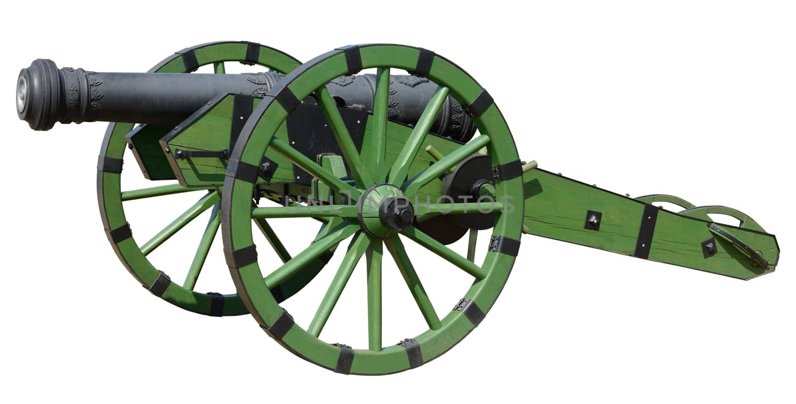 Old cannon over green wheel, isolated on white.