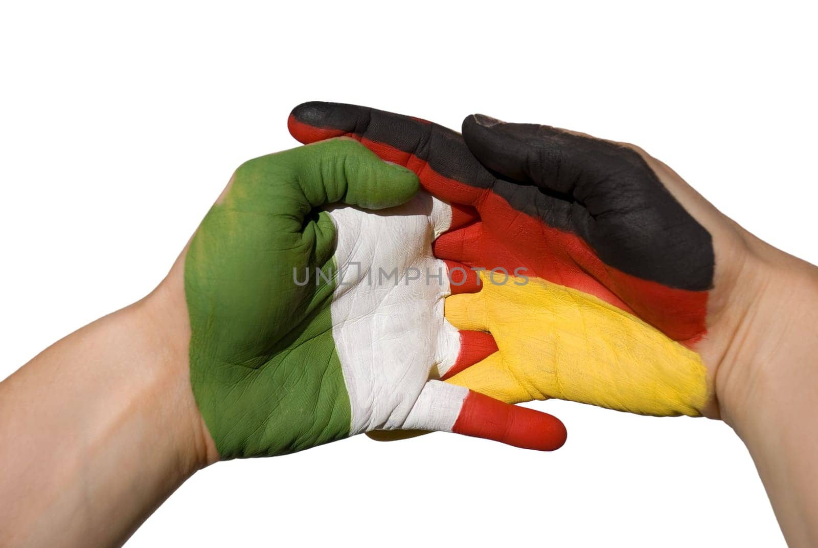 hands with german and italien flag painted on it, symbolizing international relations