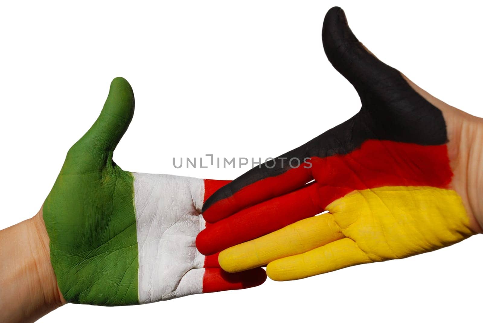 a handshake between the german and the italien flag, both painted on a hand