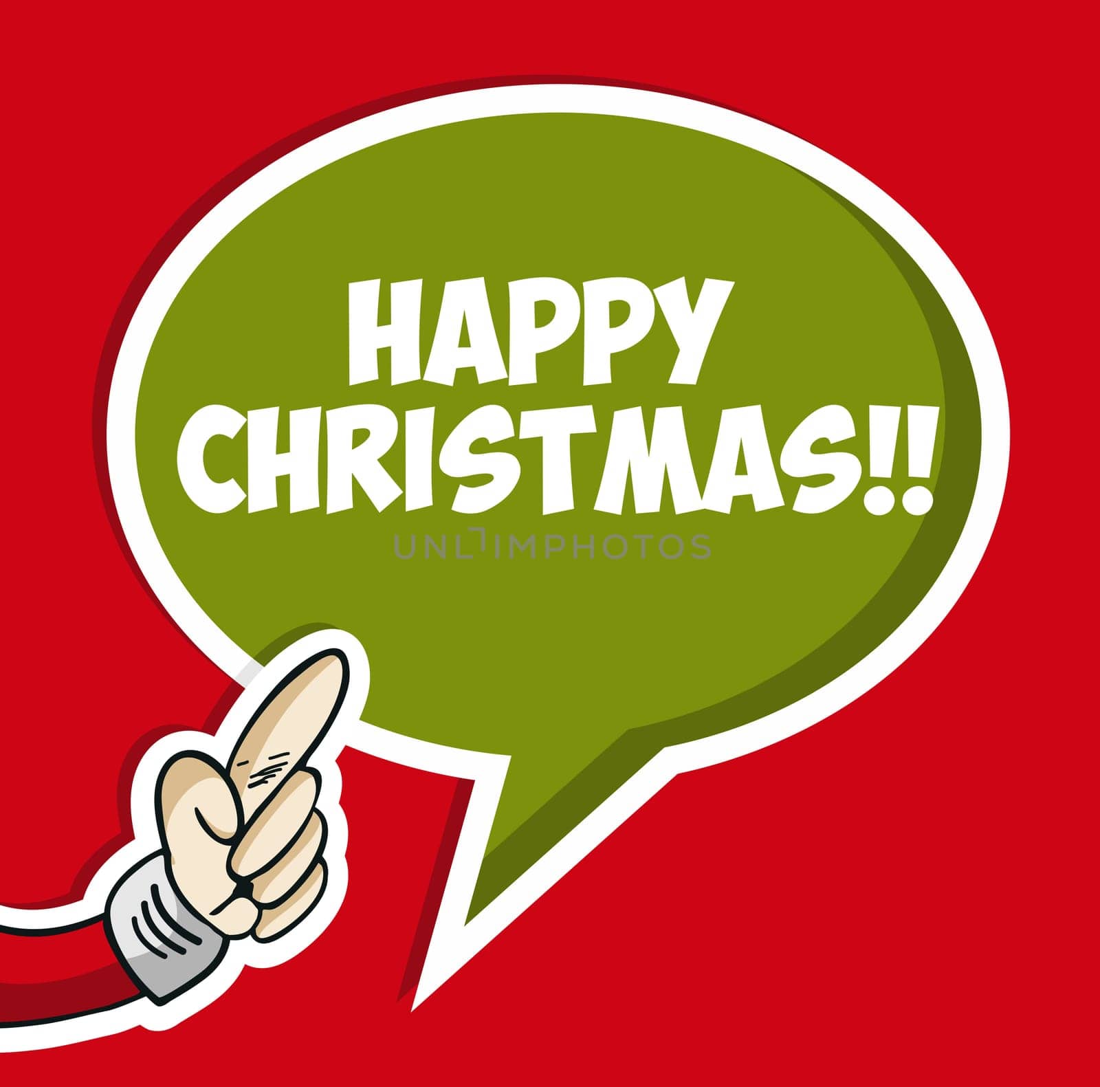 Cartoon hand points happy christmas social bubble sticker. Vector file layered for easy manipulation and custom coloring