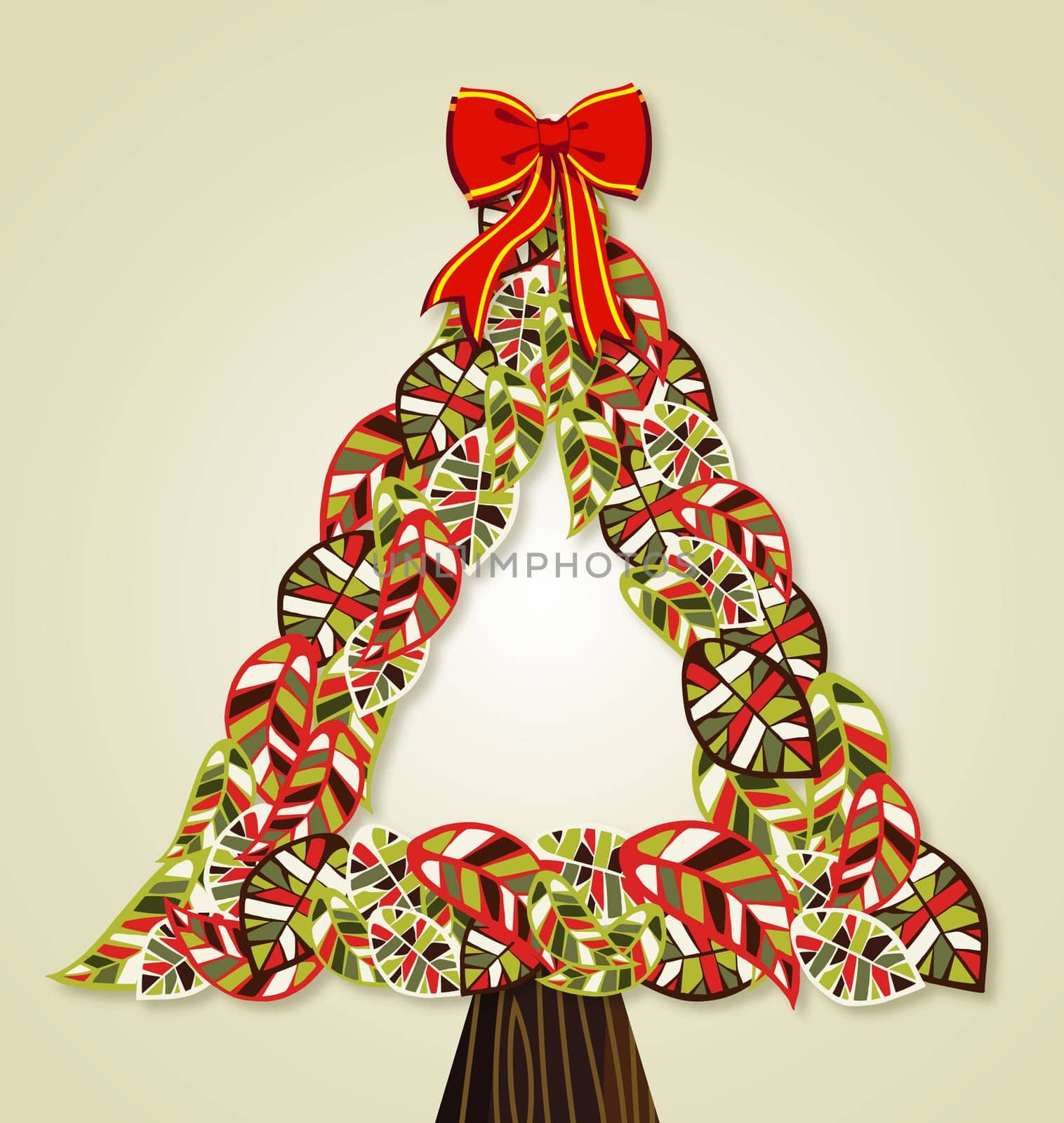 Diversity leaves Christmas pine tree. EPS10 file version. This illustration contains a drop shadow in multiply mode at 75% level. This shadow is in the corresponding element and included as style.