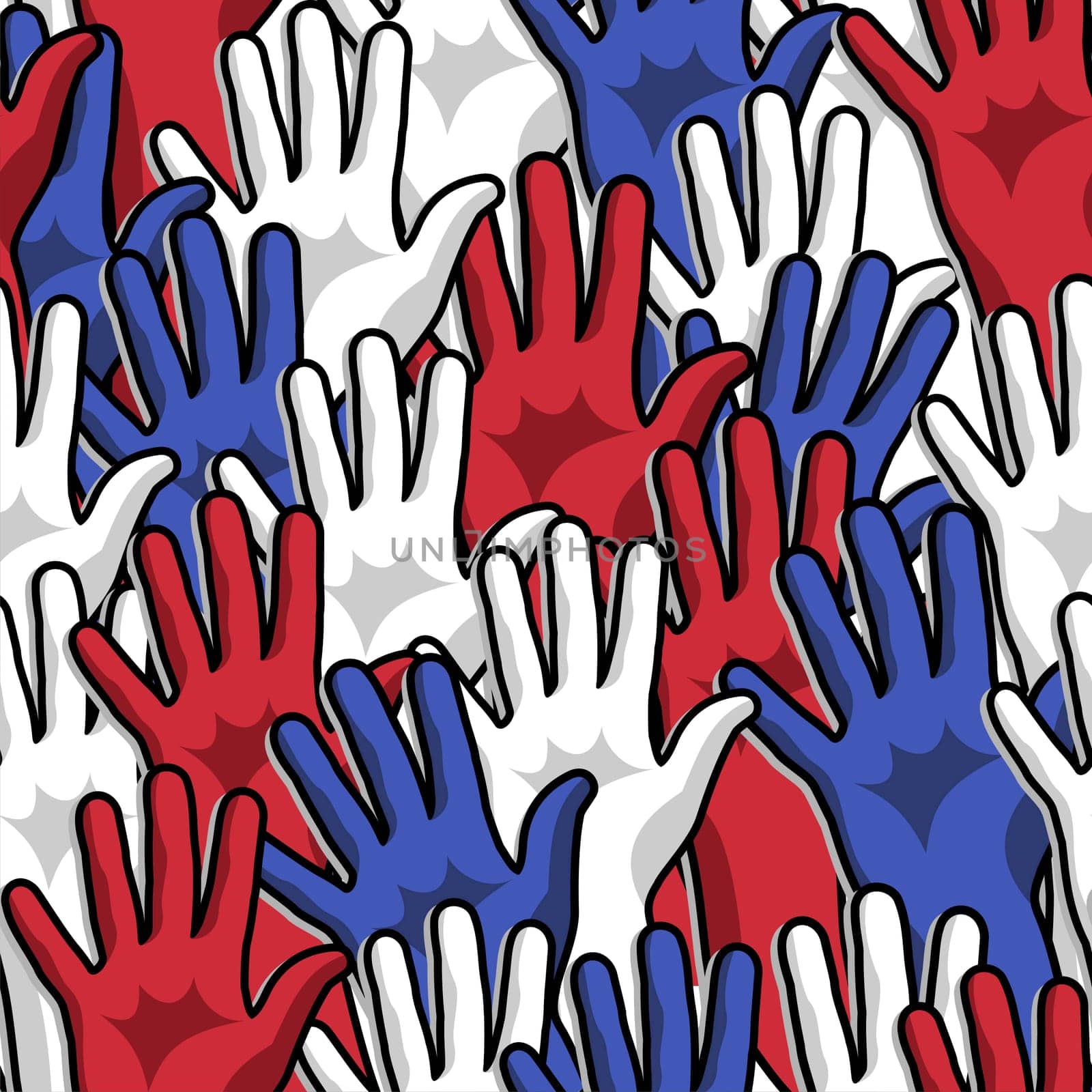 Democracy voting hands up seamless pattern background. Vector file layered for easy manipulation and custom coloring.