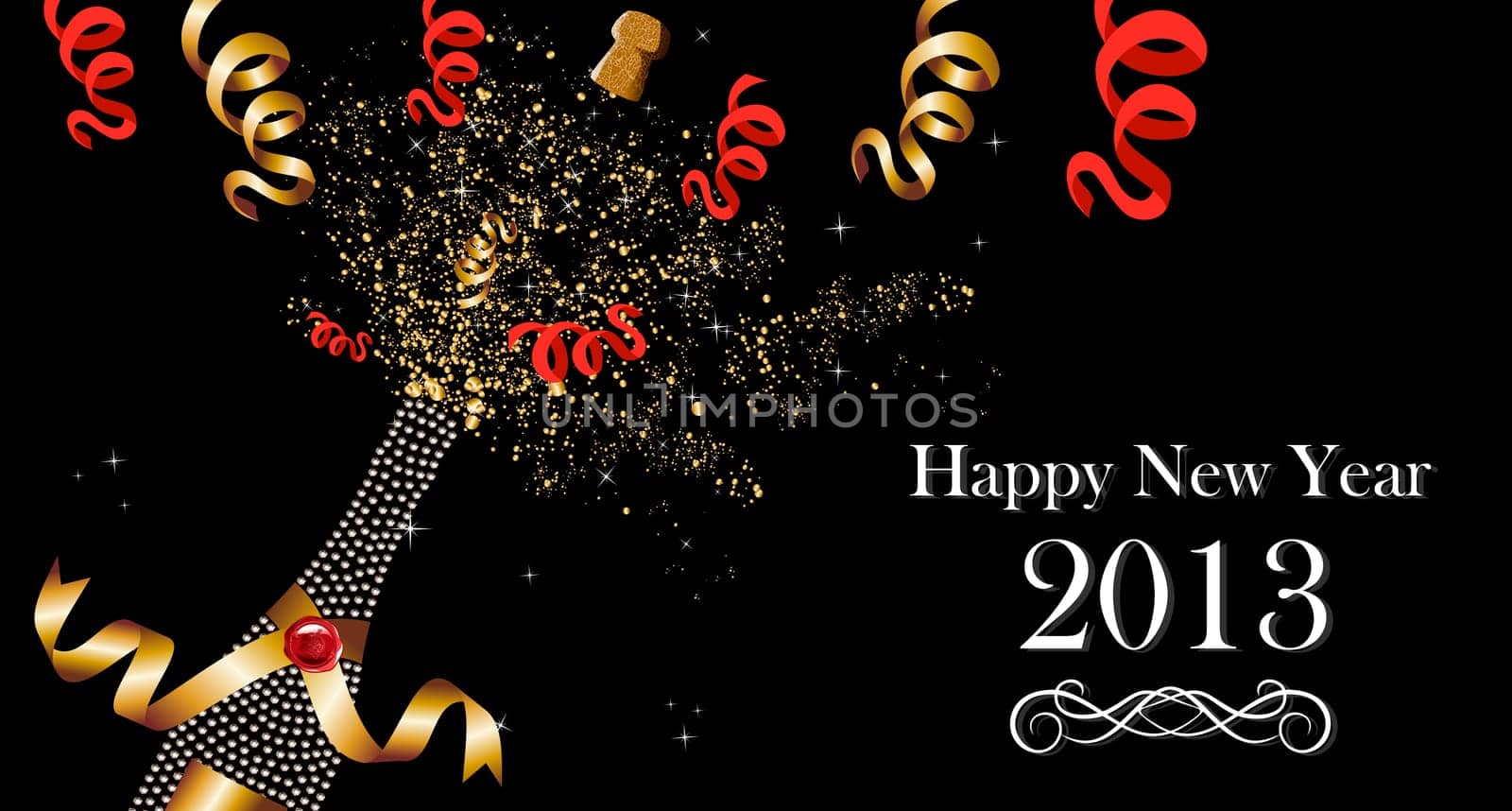 Diamond champagne bottle with gold ribbon New Year celebration splash. Vector illustration layered for easy manipulation and custom coloring.