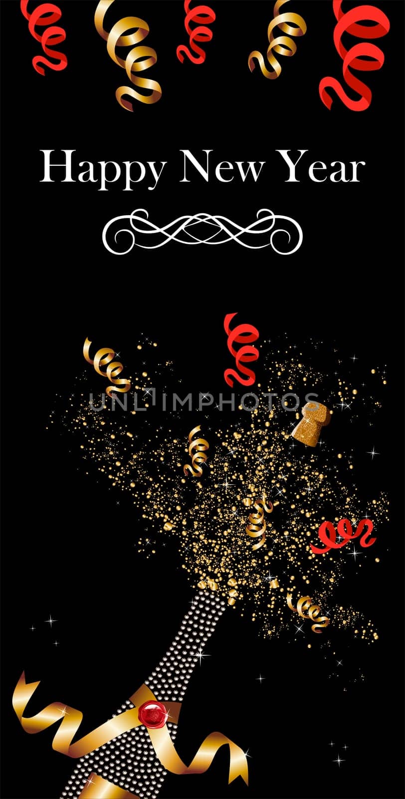 Diamond champagne bottle with gold ribbon in New Year celebration. Vector illustration layered for easy manipulation and custom coloring.