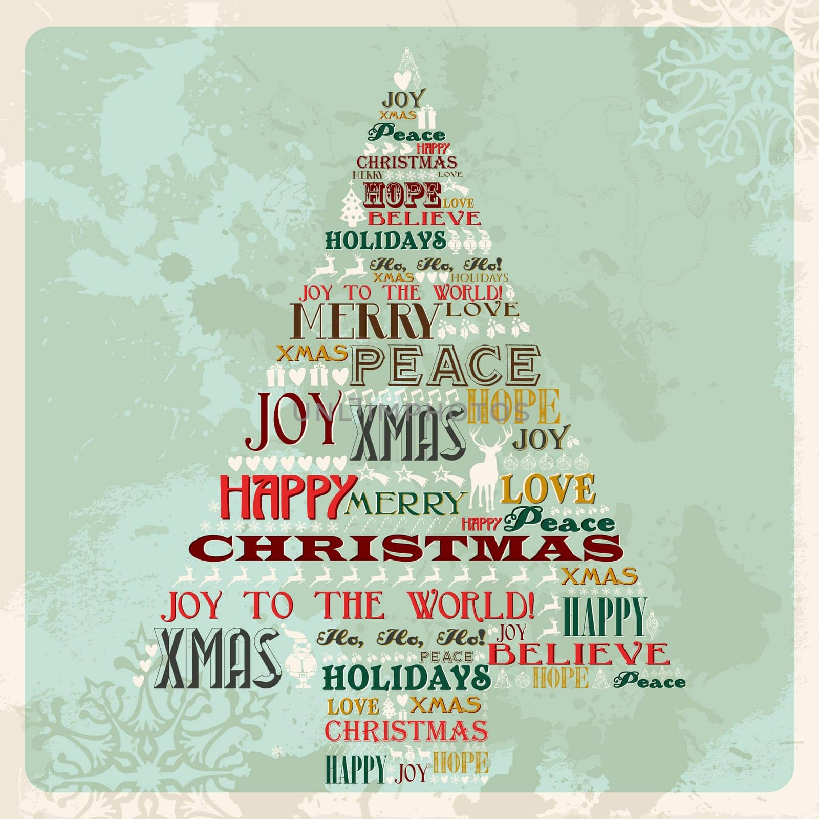 Vintage Merry Christmas concept words and icons in pine tree shape. Vector illustration layered for easy manipulation and custom coloring.