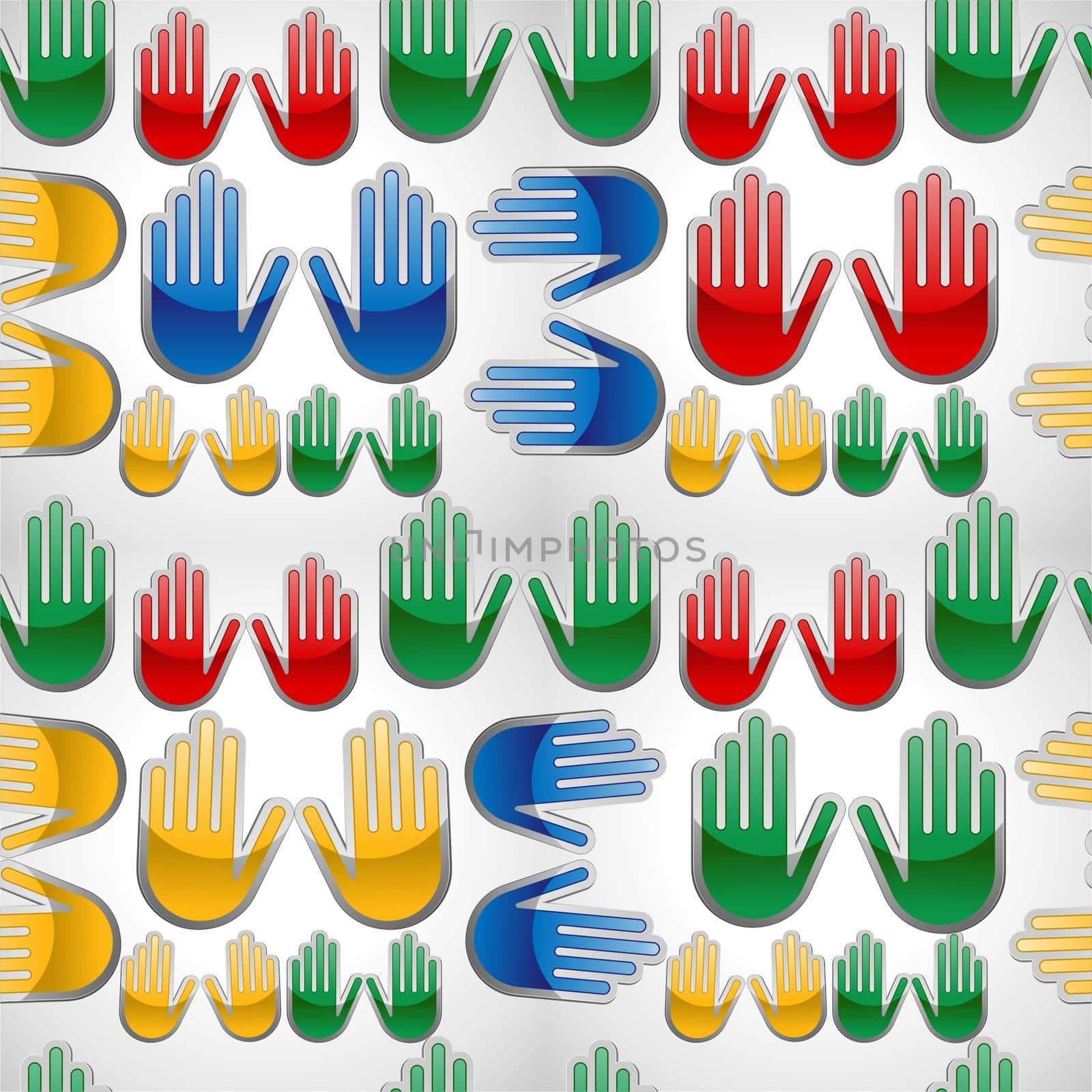 Diversity colors glossy icon hands seamles pattern.  Vector illustration layered for easy manipulation and custom coloring.