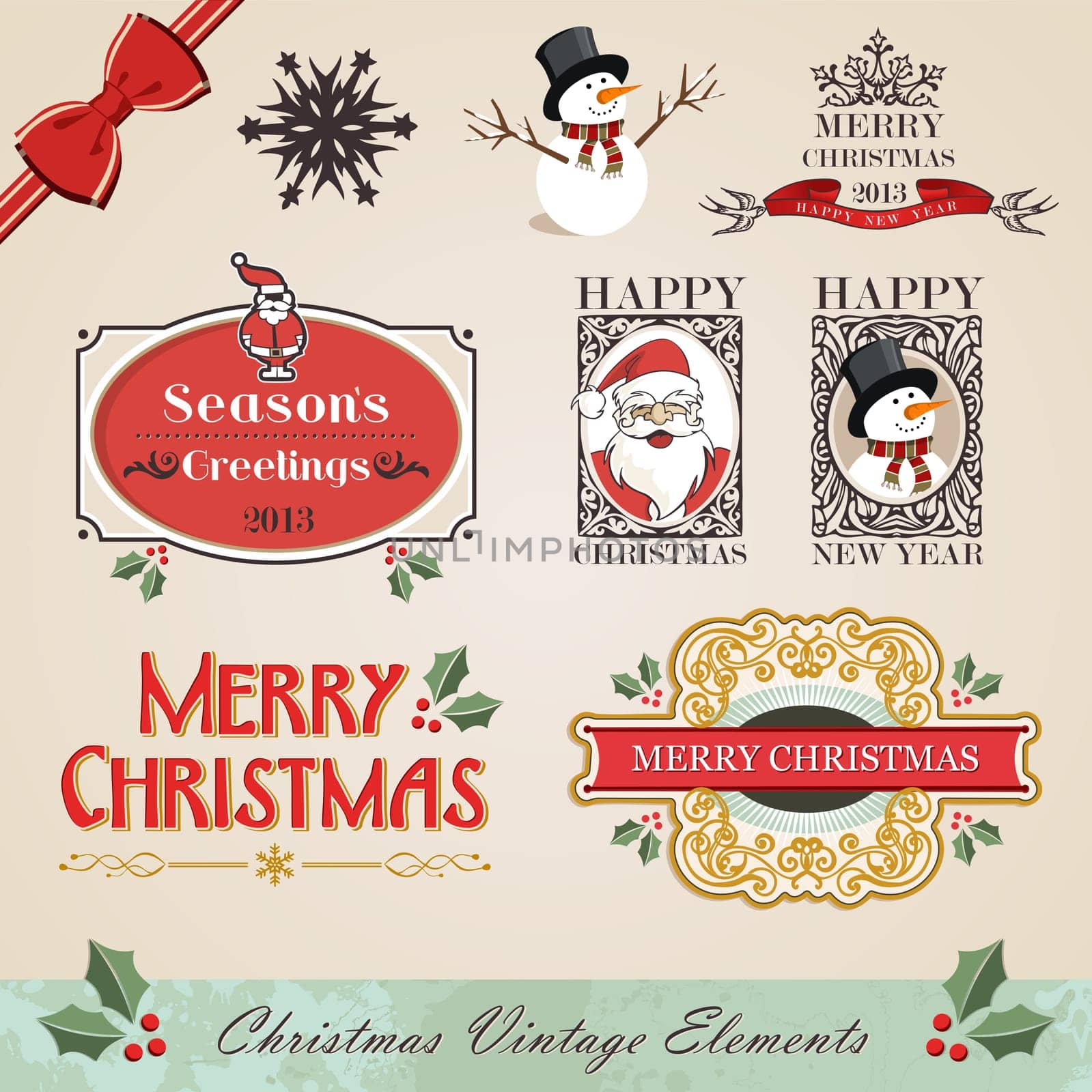 Vintage christmas and new year season elements sale set. Vector illustration layered for easy manipulation and custom coloring.