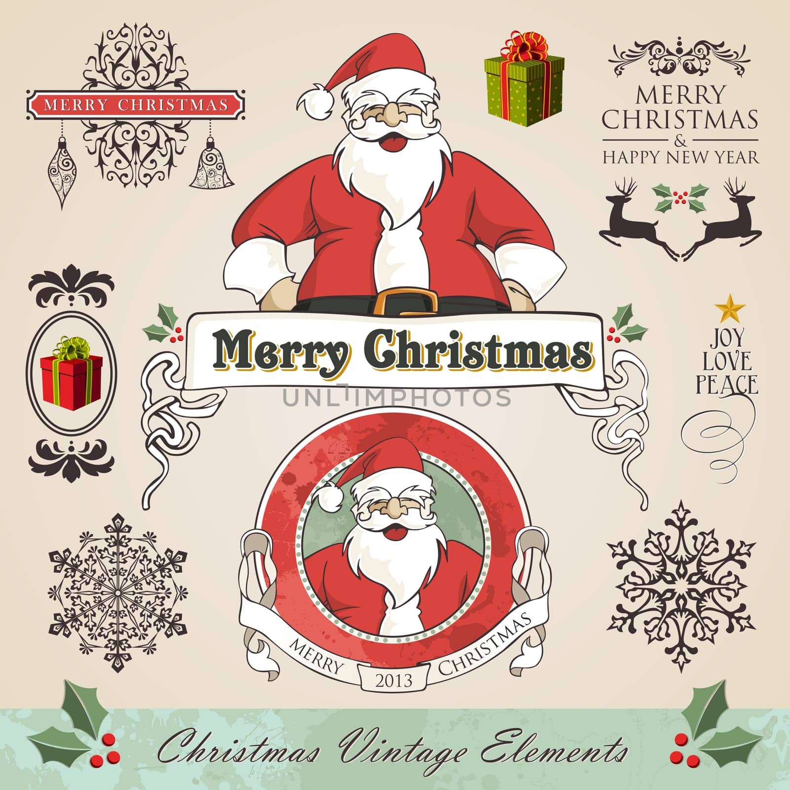 Vintage christmas and new year season elements sale set. Vector illustration layered for easy manipulation and custom coloring.