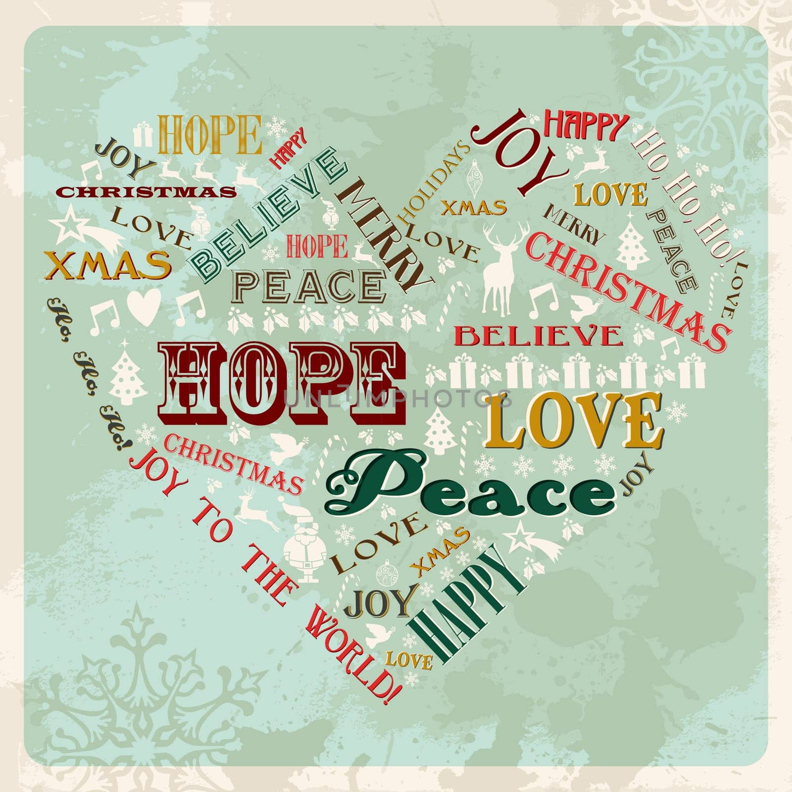 Vintage Merry Christmas concept words in heart shape. Vector illustration layered for easy manipulation and custom coloring.
