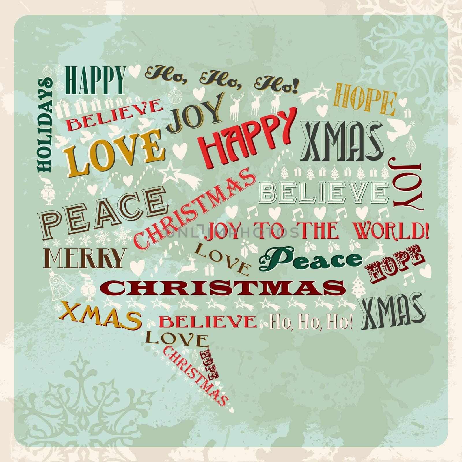 Vintage Merry Christmas concept words and icons in social bubble shape. Vector illustration layered for easy manipulation and custom coloring.