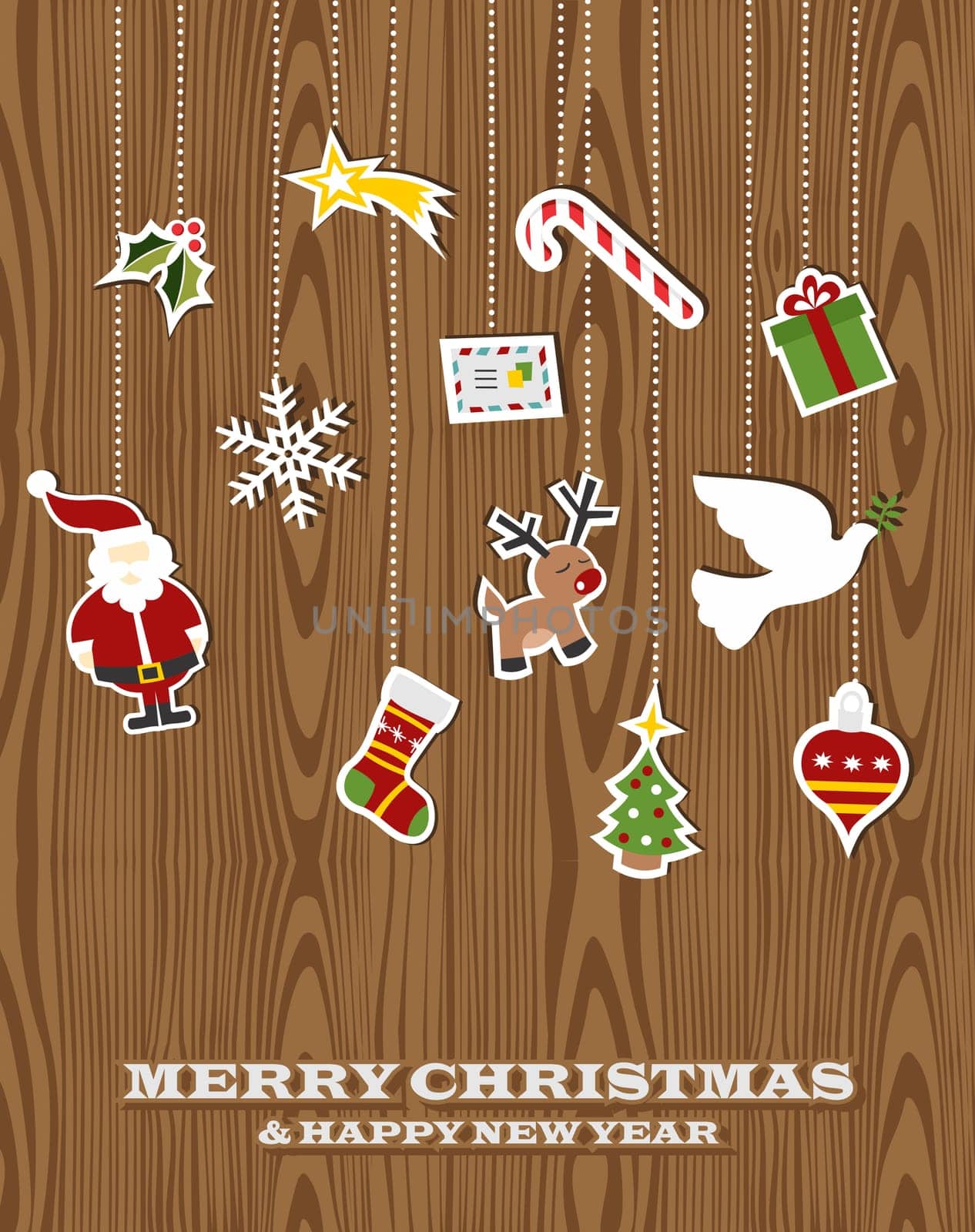 Retro Christmas hanging elements over wooden background. Vector illustration layered for easy manipulation and custom coloring.
