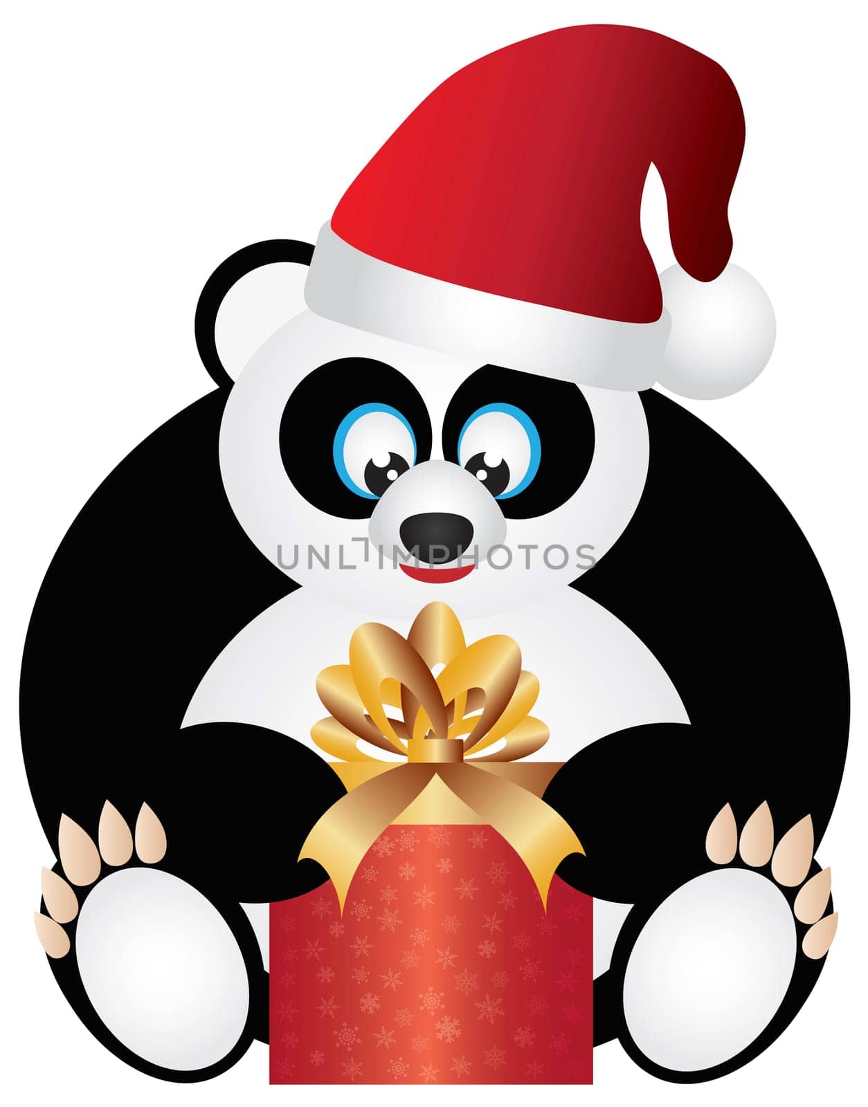 Christmas Panda Sitting with Santa Hat Opening Presents Illustration Isolated on White Background