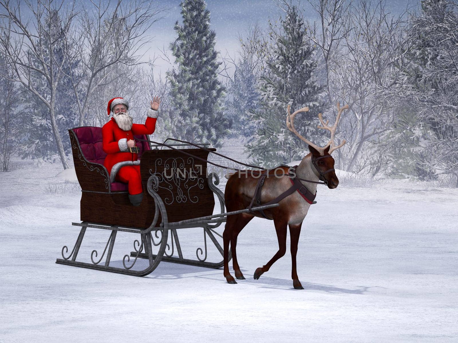 A reindeer pulling a sleigh with a smiling and waving Santa Claus in it. The background is a beautiful snowy winter forest.